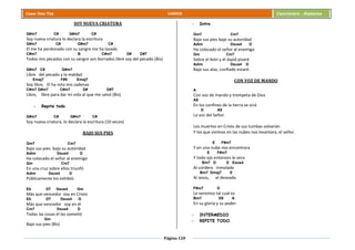 Página 120
Cesar Díaz Tiza VARIOS Cancionero - Alabanza
SOY NUEVA CRIATURA
G#m7 C# G#m7 C#
Soy nueva criatura lo declara la escritura
G#m7 C# G#m7 C#
El me ha perdonado con su sangre me ha lavado
C#m7 B C#m7 D# D#7
Todos mis pecados con su sangre son borrados libre soy del pecado (Bis)
G#m7 C# G#m7
Libre del pecado y la maldad
Emaj7 F#9 Emaj7
Soy libre, El ha roto mis cadenas
C#m7 G#m7 C#m7 D# D#7
Libre, libre para dar mi vida al que me salvó (Bis)
- Repite todo.
G#m7 C# G#m7 C#
Soy nueva criatura, lo declara la escritura (10 veces)
BAJO SUS PIES
Gm7 Cm7
Bajo sus pies bajo su autoridad
Adim Dsus4 D
Ha colocado el señor al enemigo
Gm Cm7
En una cruz sobre ellos triunfó
Adim Dsus4 D
Públicamente los exhibió.
Eb D7 Gsus4 Gm
Más que vencedor soy en Cristo
Eb D7 Gsus4 G
Más que vencedor soy en él
Cm7 Dsus4 D
Todas las cosas él las sometió
Gm
Bajo sus pies (Bis)
- Intro.
Gm7 Cm7
Bajo sus pies bajo su autoridad
Adim Dsus4 D
Ha colocado el señor al enemigo
Gm Cm7
Sobre el león y el áspid pisaré
Adim Dsus4 D
Bajo sus alas, confiado estaré.
CON VOZ DE MANDO
A
Con voz de mando y trompeta de Dios
A9
En los confines de la tierra se oirá
D A9
La voz del Señor.
Los muertos en Cristo de sus tumbas volverán
Y los que vivimos en las nubes nos levantara, el señor.
E F#m7
Y en una nube nos encontrara
E F#m7
Y todo ojo entonces le vera
Bm7 D E Esus4
Al cordero inmolado
Bm7 Dmaj7 E
Al Jesús, el deseado.
F#m7 D
Le veremos tal cual es
Bm7 D9 A
En su gloria y su poder.
- INTERMEDIO
- REPITE TODO.
 