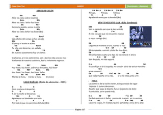 Página 127
Cesar Díaz Tiza VARIOS Cancionero - Alabanza
ABRE LOS CIELOS
SIb RE7
Abre los cielos sobre nosotros
Solm MIb
Abre los cielos Señor has llover
SIb RE7
Somos tu pueblo, somos tu viña
Solm MIb
Abre los cielos Señor has llover (Bis)
SIb Rem7
Los árboles del campo se han secado
MIb SIb
El vino y el aceite se acabo
SIb Rem7
Tu viña está desierta y sin vallado
MIb FA
En nuestro asolamiento hay un clamor.
Vuélvenos, a ti nos volveremos, ven a darnos vida una vez más
Vuélvenos de nuestro cautiverio, has tu remanente regresar.
SIb RE7 Solm MIb
Haz llover, haz llover, sobre tus denuedos, haz llover
SIb RE7 Solm MIb
Haz llover, haz llover, haz llover Señor.
SIb RE Solm MIb
Manda la lluvia, manda la lluvia (6 veces)
CADA MAÑANA (Brote de adoración – 2005)
D G A
Cada mañana al despertar,
D G A
Y por la noche al descansar,
Bm A Em
Agradezco tus bondades a mi vida
G A D
Por todo lo que me permites disfrutar (Bis)
G A Bm A G A Bm A G A Bm
Aleluya, Aleluya, Aleluya,
G A D
Agradecido estoy por tu bondad (Bis)
VEN TE NECESITO (JAR y Lilly Goodman)
D#9 A#
Ven te necesito para que le des sentido
G# F m
A este corazón que no encuentra reposo
A#
si no es contigo (Bis)
D# G#
Llegaste de mañana un día, cuando la vida
G m G# A#
Me empezaba a sonreír y todo iba muy bien,
D# G#
Me di la media vuelta y te dije, no necesito de ti ahora
G m G# A#
Ven después, mi vida seguiré.
C m A# G#
Y cuando yo te di la espalda, mi corazón por ti de sed se marchito
G m
y me convencí,
G# D# Fm7 A# G# D# A#
que nada importa en la vida, si tú no estás junto a mí.
- CORO.
Las sombras de la noche vienen, Estoy cansado de vagar
Lejos de ti, quiero descansar,
Aquello que seguí al dejarte, fue un espejismo de dolor
Y confusión, ya no puedo más.
C m A# G# F m D# A#
Perdido estoy sin ti Señor, preciso de tu amor, en tu caminar
C m A# G# F m D#9 A#
Lava mis culpas, mi maldad, Quiero yo habitar, cerca de tu altar.
 