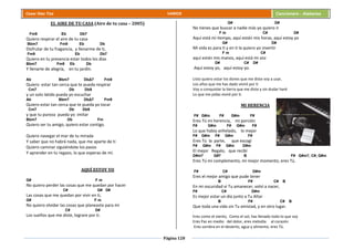 Página 128
Cesar Díaz Tiza VARIOS Cancionero - Alabanza
EL AIRE DE TU CASA (Aire de tu casa – 2005)
Fm9 Eb Db7
Quiero respirar el aire de tu casa
Bbm7 Fm9 Eb Db
Disfrutar de tu fragancia, y llenarme de ti,
Fm9 Eb Db7
Quiero en tu presencia estar todos los días
Bbm7 Fm9 Eb Db
Y llenarte de alegría, en tu jardín.
Ab Bbm7 DbΔ7 Fm9
Quiero estar tan cerca que te pueda respirar
Cm7 Db Db9
y un solo latido pueda yo escuchar
Ab Bbm7 DbΔ7 Fm9
Quiero estar tan cerca que te pueda yo tocar
Cm7 Db Db9
y que tu pureza pueda yo imitar
Bbm7 Db Fm
Quiero ser tu amigo, quiero estar contigo.
Quiero navegar el mar de tu mirada
Y saber que no habrá nada, que me aparte de ti
Quiero caminar siguiéndote los pasos
Y aprender en tu regazo, lo que esperas de mí.
AQUÍ ESTOY YO
G# F m
No quiero perder las cosas que me quedan por hacer
C# G# D#
Las cosas que me quedan por vivir en ti,
G# F m
No quiero olvidar las cosas que planeaste para mí
C# D#
Los sueños que me diste, lograre por ti.
G# D#
No tienes que buscar a nadie más yo quiero ir
F m C# D#
Aquí está mi tiempo, aquí están mis horas, aquí estoy yo
G# D#
Mi vida es para ti y en ti la quiero yo invertir
F m C#
aquí están mis manos, aquí está mi voz
D# C# D#
Aquí estoy yo, aquí estoy yo.
Listo quiero estar los dones que me diste voy a usar,
Los años que me has dado viviré por ti
Voy a conquistar la tierra que me diste y sin dudar haré
Lo que me pidas viviré por ti.
MI HERENCIA
F# G#m F# G#m F#
Eres Tú mi herencia, mi porción
F# G#m F# G#m F#
Lo que había anhelado, lo mejor
F# G#m F# G#m F#
Eres Tú la parte, que escogí
F# G#m F# G#m D#m
El mejor Regalo, que recibí
D#m7 G#7 B F# G#m7, C#, G#m
Eres Tú mi complemento, mi mejor momento, eres Tú.
F# C# D#m
Eres el mejor amigo que pude tener
B F# C# B
En mi oscuridad vi Tu amanecer, volví a nacer,
F# C# D#m
Es mejor estar un día junto a Tu Altar
B F# C# B
Que toda una vida sin Tu amistad, y en otro lugar.
Eres como el viento, Como el sol, has llenado todo lo que soy
Eres Paz en medio del dolor, eres melodía al corazón
Eres sombra en el desierto, agua y alimento, eres Tú.
 