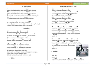 Página 129
Cesar Díaz Tiza VARIOS Cancionero - Alabanza
DE TI DEPENDO
F# D#m7
Me he vuelto dependiente de tu corazón y de tu amistad
Bm9 C#sus4
Me he vuelto dependiente de tu dirección en mi caminar,
F# D#m7
No hay nada que me llene como lo haces tú eres mi diario pan
Bm9 C#sus4
Tú eres la razón de cada sueño en mí eres mi verdad.
F# D#m7
De ti depende mi vida, mis sueños y mi alegría
Badd4 Bm7 C# A, F#m, D, E
Como la lluvia necesita nubes, como el río del mar.
PEGAO A TI
F7 Bb C F
No quiero verte de lejos, no quiero añorar
Bb C Gm C9
No que oír que pasaste, por otro lugar y que yo no te vi.
Bb C
Quiero saberte a mi lado te quiero sentir
Am Bb C
Beber tu belleza y llenarme de ti, llenarme de ti.
F Bb C F
Quiero vivir pegao a ti, pegao aquí conmigo
Bb C F
Quiero vivir pegao a ti, pegao a ti mi amigo (Bis)
No tengo falta de nada, si tu estas aquí
Eres la parte que siempre, busque recibe y que no consigue.
Quiero saber a mi lado te quiero sentir
Beber tu belleza y llenarme de te llenarme de ti.
- CORO.
AYER TE VI (Ayer te vi – 2007)
D# A# G#
Ayer te vi, fue más claro que la luna,
Fm G# D#
En mi no quedaron dudas, fue una clara aparición,
Fm G# A#
Me ha saltado el corazón, cuando te vi,
D# A# G#
Ayer te vi, después de buscarte tanto
Fm G# D#
Antes de salir el sol, y pedirte que me dejes,
Fm7 G# A#
Ver tu rostro en oración, Ayer te vi.
D# G# D# Cm7 D#
Te vi en un niño de la calle, sin un lugar para dormir
G# D# Cm7
Te vi en sus manos extendidas, pidiendo pan para vivir,
Fm7 D# G#
Te vi en sus ojos suplicantes, y en su sonrisa titubeante,
A# A#7
Ayer te vi.
D# G# D# Cm7 D#
Te vi en un cuarto de hospital, en soledad te vi llorar,
G# D# Cm7
Te vi en el rostro atribulado, de un enfermo desahuciado,
C# G#
Sin esperanza de vivir, cansado de tanto sufrir,
A#
Ayer te vi.
- FINAL:
Cm G#
Ayer te vi,
Cm7 G# Cm7 G#
Te disfrazas y te escondes de mi vista, pero ayer te vi, ayer te vi.
 
