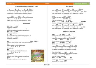Página 13
Cesar Díaz Tiza VARIOS Cancionero - Alabanza
TU NOMBRE OH DIOS (Poderoso – 1993)
A E D E A E F#m E
Tu nombre oh Dios exaltaré, tu majestad levantaré
A E D E A E D E
Por siempre te proclamaré, mi alabanza elevaré.
F#m C#m7 D E
Porque digno, digno eres Tú, a ti sea honor y poder
F#m C#m7 Bm7 E A
Digno, digno eres Tú, recibe adoración, Señor.
PODEROSO
Am G Am G Am
Poderoso, Poderoso
Dm E
El león de Judá nunca perderá, porque es el
Am G Am G Am
Poderoso, Poderoso
C Dm
Es el Santo de Israel nada temeré porque es el
Am G Am G Am
Poderoso, Poderoso.
Am G Am G, Am, C
Cristo es el rey no hay nadie como él es Poderoso
Dm
Sobre Satanás él tomo la autoridad
G Am G Am C
Es Poderoso
Am
Ante su poder, las tinieblas han de caer
G Am G Am C
Es Poderoso
Dm
Sobre el trono está, coronado en majestad
Esus4 E
Él nos prometió que pronto regresara.
HAY PODER
SOL DO SOL RE SOL RE7
Hay poder, poder, sin igual poder, en Jesús quien murió
SOL DO SOL Lam7 RE SOL RE#7
Hay poder, poder, sin igual poder, en la sangre que el vertió.
SOL# DO# SOL #
Quieres ser salvo, de toda maldad,
RE#7 SOL# RE# SOL#
Tan solo hay poder, en mi Jesús,
SOL# DO # SOL # RE# SOL# MI7
Quieres vivir, y gozar santidad, tan solo, hay poder, en Jesús,
LA RE LA MI LA MI7
Hay poder, poder, sin igual poder, en Jesús quien murió
LA RE LA Sim7 MI LA FA7
Hay poder, poder, sin igual poder, en la sangre que el vertió.
CRISTO ES MI SEÑOR
Rem DO Rem DO
Cristo es mi señor, no me da temor
SIb DO La m Rem
Declararle al mundo entero de su gran poder
SIb Solm DO LA
En mi vida permitir que él se deje ver,
Rem DO Rem DO
Cristo es mi señor, no me da temor
SIb DO La m Rem
Demostrar con mis acciones que él puede reinar
SIb Solm DO LA
En la vida de cualquiera que se quiera entregar.
Rem La m Rem La m Sol m
Jesucristo, no me detendré, de doblar mi rodilla
SI b FA DO LA
Y mi ser ante tu majestad
Rem La m Rem La m SIb
Jesucristo, te confesaré, con mis labios
DO Rem
Declararé que tú eres señor.
 