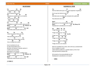 Página 130
Cesar Díaz Tiza VARIOS Cancionero - Alabanza
MI ENTORNO
Fm Eb Ab
No sé donde comienzas tú
Fm7 Eb Db
No sé donde termino yo
Fm Eb Ab Eb
Mi entorno se lleno de ti, y mi interior,
Fm7 Eb Ab
Y mi manera de pensar
Fm7 Eb Db
Y mi manera de sentir
Fm Eb Ab Eb
Cambiaron al crecer tu amor, dentro de mí.
Bbm7 Db Eb Ebsus4, Eb
Y nada cambiaría quiero estar así
Bbm7 Db Eb Eb7
Muriendo cada día para verte en mi.
Ab Eb Fm
Llenas mi espacio llenas mi vida
Db Ab
Me iluminaste como el sol
Eb Fm
Quiero que crezcas todos los días
Db Eb
Ser un reflejo de tu amor.
Con el sonido de mi voz
El viaje emprenderé por ti
Mis pies me llevaran a donde, quieras ir.
Y todo lo que soy señor
Mis planes y mi corazón
Hoy giran a tu alrededor, rendido estoy.
Bbm7 Db Eb Ebsus4, Eb
Y nada cambiaría quiero estar así
Bbm7 Db Eb Eb7
Muriendo cada día para verte en mi.
// CORO //
RAZONES PA´ VIVIR
Fm C7 Ab
Me has dado tanto que no se, como expresar mi gratitud
Bb9
Por lo que has hecho tú por mí,
Fm C7 Ab
Me diste amor me diste paz, tomaste de tu plenitud
Bb9
Para llenarme de tu luz.
Bbm7 Ab Eb
Mi corazón se ha acostumbrado así vivir
Bbm7 Ab Eb Db, Ebsus, Eb
Rodeado de tu bendición en mí existir.
Ab Bbm7 Ab Eb
Tengo Razones pa' vivir
Ab Fm
Tengo canciones pa´ escribir
Db Eb Ab, Eb
Tengo una voz y un corazón,
Fm Eb Ab Eb
Tengo un camino pa´ seguir
Ab Fm
Tengo un amor pa´ compartir
Db Eb
Tengo una voz y un corazón.
Me has inundado de tu amor, de tu ternura y comprensión
De tu cuidado y tu calor,
Cada mañana puedo ver, cuando respiro y miro el sol
Que permaneces siempre fiel.
Mi corazón se ha acostumbrado así vivir
Rodeado de tu bendición en mí existir.
- CORO.
 