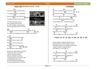 Página 131
Cesar Díaz Tiza VARIOS Cancionero - Alabanza
LECHE Y MIEL (El Brillo de mis ojos – 2010)
Si m
Aunque las cosas no marchen bien
FA#
Y se caiga el mundo a mi alrededor
FA#7
Aunque pregonen por todas partes
Si m SOL FA#
Son malos tiempos no hay solución.
Y no se siente tanto lo duro
Sino lo tupido, dicen por ahí
Si estás conmigo, yo estoy seguro
No me preocupo, todo irá muy bien.
SOL RE
Nunca creas la mentira, que a veces te cuentan por ahí
Mim7 FA# SOL FA#
Si a Jesús has entregado tu vida, muy triste a haz de vivir.
Si m
Me sabe a leche me sabe a miel
Fa#m LA
Me sabe dulce me sabe a bien
Si m
Me sabe a cielo me sabe a sol
Fa#m
Me sabe a brisa me sabe a amor
SOL FA# SOL, FA#
Me sabe bien la vida contigo.
Sé que en la vida vendrán momentos
Cuando las nubes me cubrirán
Y por el valle de la tristeza
Mis pies cansados caminaran.
Y aunque parezca que a veces lucho
Para agradarte, para crecer
Si estás conmigo yo estoy seguro
No me preocupo todo irá muy bien.
TU BANDERA
F# C# D#m
Como en un país extraño me encontré sin ti
B A#m C# B, C#
No entendía el idioma ni las cosas que viví
F# C# D#m
Y corrí a buscar sin ver tu rostro entre la gente
B G#m
Y aun sin conocerte convencido estaba
C# B F#
De encontrarte a ti, de encontrarte a ti.
B C# F#
Y en medio de mi confusión se alzaba tu bandera
B C#
Se enarbolaba como el sol diciéndome
F# D#m
Que fuera, y a ti te siguiera,
B C# F#
Y así me refugie en la cruz y en tu bendito amor.
- VIOLÍN: C#, F#, C#, D#m, B, A#m, C#, C#7, B, C#7
Nunca imagine la vida que ahora vivo en ti
Ni la gracia que me diste cuando a ti volví
Mas ahora sé que en ti yo tengo lo que anhelo
Tengo vida plena, tengo paz eterna
Si te tengo a ti, si te tengo a ti.
B C# F#
Y en medio de mi confusión se alzaba tu bandera
B C#
Se enarbolaba como el sol diciéndome
F# D#m
Que fuera y a ti te siguiera
B C# F#
Y así me refugie en la cruz y en tu bendito amor.
 