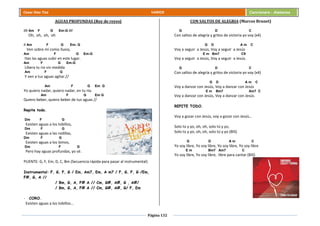 Página 132
Cesar Díaz Tiza VARIOS Cancionero - Alabanza
AGUAS PROFUNDAS (Rey de reyes)
//// Am F G Em-G ////
Oh, oh, oh, oh
// Am F G Em- G
Ven sobre mí como lluvia,
Am F G Em-G
Has las aguas subir en este lugar.
Am F G Em-G
Libera tu rio sin medida
Am F G
Y ven a tus aguas agitar.//
Am F G Em G
Yo quiero nadar, quiero nadar, en tu rio.
Am F G Em G
Quiero beber, quiero beber de tus aguas //
Repite todo.
Dm F G
Existen aguas a los tobillos,
Dm F G
Existen aguas a las rodillas,
Dm F G
Existen aguas a los lomos,
Dm F G
Pero hay aguas profundas, yo sé.
PUENTE: G, F, Em, D, C, Bm (Secuencia rápida para pasar al instrumental)
Instrumental: F, G, F, G / Em, Am7, Em, A m7 / F, G, F, G /Em,
F#, G, A //
/ Bm, G, A, F# A // Cm, G#, A#, G , A#/
/ Bm, G, A, F# A // Cm, G#, A#, G/ F, Em
- CORO.
Existen aguas a los tobillos…
CON SALTOS DE ALEGRIA (Marcos Brunet)
G D C
Con saltos de alegría y gritos de victoria yo voy (x4)
G D A m C
Voy a seguir a Jesús, Voy a seguir a Jesús
E m Bm7 C9
Voy a seguir a Jesús, Voy a seguir a Jesús.
G D C
Con saltos de alegría y gritos de victoria yo voy (x4)
G D A m C
Voy a danzar con Jesús, Voy a danzar con Jesús
E m Bm7 Am7 C
Voy a danzar con Jesús, Voy a danzar con Jesús.
REPITE TODO.
Voy a gozar con Jesús, voy a gozar con Jesús…
Solo tú y yo, oh, oh, solo tú y yo,
Solo tú y yo, oh, oh, solo tú y yo (BIS)
G D A m C
Yo soy libre, Yo soy libre, Yo soy libre, Yo soy libre
E m Bm7 Am7 C
Yo soy libre, Yo soy libre, libre para cantar (BIS)
 