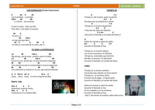 Página 133
Cesar Díaz Tiza VARIOS Cancionero - Alabanza
CON HUMILDAD (Coalo Zamorano)
E A9 E A9
Con humildad, y sencillez
C#m7 A9 B9
a ti Señor, me acercaré
Es por tu amor, Que soy feliz
Para decir, Con todo mi corazón
A9 E
Te amo a ti
A9 C#m7
no hay más que decir
A9 E D B9 E
mi vida es, la prueba de mi amor, por ti.
TU ERES LA ESPERANZA
LA MI Fa# m RE
Rey de paz, rey de amor, viniste a sanar mi dolor
LA MI Fa# m RE
Fue en la cruz, donde ahí, mi alma encontró salvación,
MI RE MI RE
Una canción se oyó en la eternidad tu eres la esperanza
MI RE MI RE
Fue suficiente tu muerte en la cruz, para darnos libertad.
A E F#m D A9 E F# m D
Jesús, Jesús, Jesús, tu eres la esperanza (Bis)
Repite todo.
F#m E A E
Alzaremos nuestras voces,
F#m E D E
Cantaremos a tu nombre (Bis)
TIEMPO ES
G C 9
Tiempo es, del muerto quien se perdió
E m D
De aquel que se quebranto y revivir
G C 9
Tiempo es, lo muerto despertara
E m D
Y alas han de volar con libertad.
C 9 Am D
//Escucho el llamado y el sonido del llover//
G C9
Sobre los montes y sobre los valles
Em D G C 9
Escucho el llamado es hoy
Tiempo es, el muerto alabara
Los muros resonaran, en libertad
Tiempo es, insensibles que sentirán
Heridas se sanaran, en adoración.
Escucho el llamado y el sonido del llover.
CORO.
Tiempo es, la marea cambiara
Corazones hoy arderán con gran pasión
Tiempo es, un sacrificio darán
El precio ha de pagar, mi generación
Escucho el llamado y el sonido del llover.
Sobre los montes y sobre los valles
Escucho el llamado es hoy
En las ciudades y en las naciones
Escucho el llamado es hoy.
Joel 2: derramare mi espíritu sobre toda carne…
 