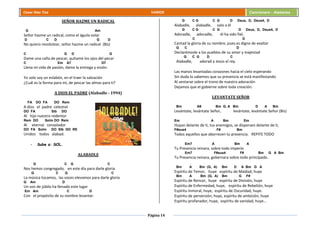 Página 14
Cesar Díaz Tiza VARIOS Cancionero - Alabanza
SEÑOR HAZME UN RADICAL
G Am
Señor hazme un radical, como el águila volar
D C D G D
No quiero revolotear, señor hazme un radical (Bis)
C G D G
Dame una caña de pescar, quítame los ojos del pecar
C Em A7 D7
Llena mi vida de pasión, dame la entrega y visión.
Yo solo soy un eslabón, en el traer la salvación
¿Cuál es la forma para mí, de pescar las almas para ti?
A DIOS EL PADRE (Alabadle - 1994)
FA DO FA DO Rem
A dios el padre celestial
DO FA Sib DO
Al hijo nuestro redentor
Rem DO Solm DO Rem
Al eternal consolador
DO FA Solm DO SIb DO RE
Unidos todos alabad.
- Sube a: SOL.
ALABADLE
G C G C
Nos hemos congregado, en este día para darle gloria
G C G C
La música tocamos, las voces elevamos para darle gloria
G Am D
Un son de júbilo ha llenado este lugar
Em Am C D
Con el propósito de su nombre levantar.
G C G C G D Dsus, D, Dsus4, D
Alabadle, alabadle, solo a él
G C G C G D Dsus, D, Dsus4, D
Adoradle, adoradle, él ha sido fiel,
C D
Cantad la gloria de su nombre, pues es digno de exaltar
G C D
Declarémosle a los pueblos de su amor y majestad
G C G D C
Alabadle, adorad a Jesús el rey.
Las manos levantadas corazones hacia el cielo esperando
Sin duda lo sabemos que su presencia se está manifestando
Al sentarse sobre el trono de nuestra adoración
Dejamos que el gobierne sobre toda creación.
LEVANTATE SEÑOR
Bm A9 Bm G, A Bm D A Bm
Levántate, levántate Señor, levántate, levántate Señor (Bis)
Em A Bm Em
Huyan delante de ti, tus enemigos, se dispersen delante de ti,
F#sus4 F# Bm
Todos aquellos que aborrecen tu presencia. REPITE TODO
Em7 A Bm A
Tu Presencia reinara, sobre todo imperio
Em7 F#sus4 F# Bm G A Bm
Tu Presencia reinara, gobernara sobre todo principado.
Bm A Bm (G, A) Bm D A Bm G A
Espíritu de Temor, huye espíritu de Maldad, huye
Bm A Bm (G, A) Bm G F#
Espíritu de Rencor, huye espíritu de División, huye
Espíritu de Enfermedad, huye, espíritu de Rebelión, huye
Espíritu Inmoral, huye, espíritu de Oscuridad, huye.
Espíritu de perversión, huye, espíritu de ambición, huye
Espíritu profanador, huye, espíritu de vanidad, huye…
 