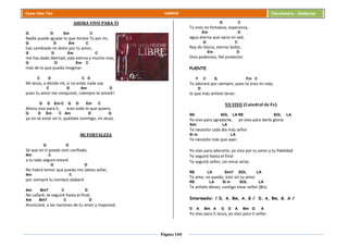 Página 140
Cesar Díaz Tiza VARIOS Cancionero - Alabanza
AHORA VIVO PARA TI
G D Em C
Nadie puede igualar lo que hiciste Tú por mí,
G D Em C
has cambiado mi dolor por tu amor,
G D Em C
me has dado libertad, vida eterna y mucho más,
G D Em C
más de lo que pueda imaginar.
C D C D
Mi Jesús, a dónde iré, si no estás nada soy
C D Am D
pues tu amor me conquistó, ¡siempre te amaré!.
G D Em-C G D Em C
Ahora vivo para ti, eres todo lo que quiero,
G D Em C Am D G
ya no sé estar sin ti, quédate conmigo, mi Jesús.
MI FORTALEZA
G D
Sé que en ti puedo vivir confiado,
Am C
a tu lado seguro estaré.
G D
No habrá temor que pueda mis labios sellar,
Am C
por siempre tu nombre alabaré.
Am Bm7 C D
No callaré, te seguiré hasta el final,
Am Bm7 C D
Anunciaré, a las naciones de tu amor y majestad.
G C
Tú eres mi fortaleza, esperanza,
Em D
agua eterna que sacia mi sed,
G C
Rey de Gloria, eterno Señor,
Em D
Dios poderoso, fiel protector.
PUENTE
F C G Fm C
Te adoraré por siempre, pues tú eres mi vida,
D
lo que más anhelo tener.
YO VIVO (Catedral de Fe)
RE SOL LA RE SOL LA
Yo vivo para agradarte, yo vivo para darte gloria
Sim LA
Te necesito cada día más señor
Si m LA
Te necesito más que ayer.
Yo vivo para adorarte, yo vivo por tu amor y tu fidelidad
Te seguiré hasta el final
Te seguiré señor, sin mirar atrás.
RE LA Sim7 SOL LA
Te amo, no puedo, vivir sin tu amor
RE LA Si m SOL LA
Te anhelo deseo, contigo estar señor (Bis)
Intermedio: / D, A, Bm, A, G / D, A, Bm, G, A /
D A Bm A G D A Bm G A
Yo vivo para ti Jesús, yo vivo para ti señor.
 