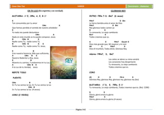 Página 142
Cesar Díaz Tiza VARIOS Cancionero - Alabanza
EN TU LUZ (En espíritu y en verdad)
GUITARRA: // E, C#m, A, E, B //
E
Tan consumidos por tu amor
C#m A
Que hemos perdido el sentido de nuestro alrededor
E
Ya nada nos puede deslumbrar
C#m A
Nada en este mundo se te puede comparar, Jesús
B C#m B E
Nadie como Tú, nadie como Tú
B C#m B A E
Nadie como Tú, nadie como Tú Jesús.
E B
Eres nuestra herencia, Más que suficiente,
A C#m B E
Nuestro Redentor y Rey, Jesús
E B
Muestra tu camino, Y andaremos en tu Luz,
A C#m B E
A la Luz de tu Verdad, Jesús
REPITE TODO
PUENTE:
C#m B A
En Tu luz vemos la luz, En Tu luz vemos la luz
C#m B
En Tu luz vemos la luz. (4 veces)
CORO (2 VECES)
GLORIOSO REY
INTRO: F#m 7-D -Bm7 (6 veces)
F#m7 D Bm
La tierra tiembla ante el amor de Dios
F#m7 D Bm
Rey glorioso todos canten ya
D A
Tu renovarás, Lo viejo cambiarás
Bm7 E
Todos creemos que es.
A E F#m7 Esus4 E
Dios más grande que, Mi respirar y mi vivir
A9 E F#m7 E
Dios él triunfará, Todos dirán, Glorioso Rey.
Adorno: F#m7, D, Bm7
Los cielos se abren su reino vendrá
Los corazones hoy despertarán
Tu renovarás, Lo viejo cambiarás
Todos creemos que es.
CORO
(E) D E F# m E
Glorioso Rey, glorioso Rey, glorioso rey, glorioso rey (bis)
GUITARRA: // D, E, F#m, E //
Tu renovarás, Lo viejo cambiarás, Todos creemos que es. (Bis) CORO
D E
Gloria, gloria envía tu gloria
F#m7 E
Gloria, gloria envía tu gloria (4 veces)
 