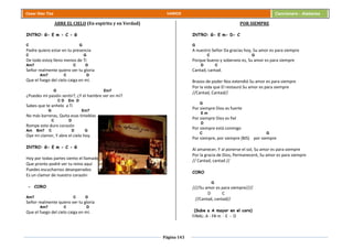 Página 143
Cesar Díaz Tiza VARIOS Cancionero - Alabanza
ABRE EL CIELO (En espíritu y en Verdad)
INTRO: G- E m - C - G
C G
Padre quiero estar en tu presencia
C G
De todo estoy lleno menos de Ti
Am7 C D
Señor realmente quiero ver tu gloria
Am7 C D
Que el fuego del cielo caiga en mí.
G Em7
¿Puedes mi pasión sentir?, ¿Y el hambre ver en mí?
C D Em D
Sabes que te anhelo a Ti
G Em7
No más barreras, Quita esas tinieblas
C D
Rompe este duro corazón
Am Bm7 C D G
Oye mi clamor, Y abre el cielo hoy.
INTRO: G- E m - C - G
Hoy por todas partes siento el llamado
Que pronto podré ver tu reino aquí
Puedes escucharnos desesperados
Es un clamor de nuestro corazón
- CORO
Am7 C D
Señor realmente quiero ver tu gloria
Am7 C D
Que el fuego del cielo caiga en mí.
POR SIEMPRE
INTRO: G- E m- D- C
G
A nuestro Señor Da gracias hoy, Su amor es para siempre
C G
Porque bueno y soberano es, Su amor es para siempre
D C
Cantad, cantad.
Brazos de poder Nos extendió Su amor es para siempre
Por la vida que El restauró Su amor es para siempre
//Cantad, Cantad//
G
Por siempre Dios es fuerte
E m
Por siempre Dios es fiel
D
Por siempre está conmigo
C G
Por siempre, por siempre (BIS) por siempre
Al amanecer, Y al ponerse el sol, Su amor es para siempre
Por la gracia de Dios, Permaneceré, Su amor es para siempre
// Cantad, cantad //
CORO
G
////Su amor es para siempre////
D C
//Cantad, cantad//
(Sube a A mayor en el coro)
FINAL: A - F# m - E - D
 