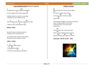 Página 144
Cesar Díaz Tiza VARIOS Cancionero - Alabanza
CUAN GRANDE ES DIOS (Versión en espíritu)
C Am7
El esplendor de un Rey, vestido en Majestad
F G
La Tierra alegre está, La Tierra alegre está
Cubierto está de luz, venció a la oscuridad
Y tiembla a Su voz, Tiembla a Su voz
C G Am
Cuán Grande es Dios, Cántale, Cuán grande es Dios
F G C
Y todos lo verán, Cuán grande es Dios.
REPITE TODO.
Día a Día El está, Y el tiempo está en El
Principio y el fin, Principio y el fin
La Trinidad en Dios, El Padre, Hijo, Espíritu
Cordero y el León, Cordero y el León
CORO 2 VECES
G C
Y Tu Nombre sobre todo es
G Am
Tu eres Digno de alabar
F G C
Y mi ser dirá, Cuan grande es Dios (Bis)
VAMOS A CANTAR
D#
Amamos todo de ti, Cielo y tierra te adoran
Cm
Los reinos se rinden, Hijo de Dios
Bb G#
Tú eres por quien, Tú eres por quien
D#
Vivimos hoy.
Tú eres quien nos liberta, Tú eres la Luz que guía
Como un fuego ardiente, Hijo de Dios
Tú eres por quien, Tú eres por quien
Vivimos hoy.
D#
Vamos a cantar con la música del cielo
Cm
Vamos a cantar alegres porque escuchas
Bb G# D#
Cuando cantamos para exaltar tu nombre
Intermedio: D# C# Cm D# - (D#)
 