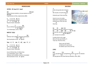Página 145
Cesar Díaz Tiza VARIOS Cancionero - Alabanza
INFINITO DIOS
INTRO: C5 Csus4 C5 Csus4
DO DO sus4
Nuevas fuerzas tendrán, Los que esperan en Dios
DO sus4
Esperaremos en Dios, esperaremos (BIS)
C F C F G Am G
Dios reinará por siempre
C F C F G Am G
Nuestro fuerte libertador.
C F Am
Eres el Infinito Dios, El infinito Dios
F G7 Fmaj7 C
Tu no desmayas, nunca fallas.
REPITE TODO
C F Am
Defensor de los débiles, Nuestro Consolador
F G7 Am/F C
Nos levantaste en alas de águilas.
Inst.: C, F, Am, F, G7, Am / F, C
C F C F G Am G
Dios reinará por siempre
C F C F G Am G
Nuestro fuerte libertador.
Eres el Infinito Dios, El infinito Dios
Tu no desmayas, nunca fallas.
Defensor de los débiles, Nuestro Consolador
Nos levantaste en alas de águilas.
DIA FELIZ
C
El día más grande de la historia
F Am
Me rescató, la muerte derrotó
F
Cántenlo que Cristo vive hoy.
Vacía la cruz y la tumba
Vida eterna Tú ganaste Dios
Grítenlo que Cristo vive hoy
G
Vive hoy.
C5 F5 Am5 G5
Oh día feliz, día feliz, lavaste mi maldad
C5 F5 Am5 G5 C5 F5 Am
Oh día feliz, día feliz, jamás seré igual
G5 C5 F5 Am5 G
por siempre me cambió
Cuando esté en Ese Lugar
libre al fin de cara frente a Ti
Tuyo soy, mío Eres Jesús,
Gozo y paz ahí habrá
el dolor por fin terminará
Al celebrar que Cristo vive hoy
CORO
Am7 E m F9 C
Y oh, qué glorioso día, qué gloriosa manera, en que me salvaste
Am7 E m F C
Oh qué glorioso día, Qué Glorioso Nombre, Jesús. (BIS)
 