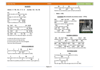 Página 15
Cesar Díaz Tiza VARIOS Cancionero - Alabanza
OH JESÚS
Adorno: C / Eb, Db, C / C, D Acordes: Cm / Ab, Bb
Cm Bb
Señor escudo y mi fuerza tú has sido,
Cm Ab G7
Refugio en contra de mis enemigos.
Cm Bb
Señor, tu verdad me ha protegido,
Cm Ab Eb Bb
Toda mi confianza en ti he vertido.
Cm Gm7 Cm Ab Eb Bb
¡Oh Jesús! tu sangre preciosa me ha lavado
Cm Gm7 Cm Ab Eb Bb
¡Oh Jesús! por tu gracia, yo he sido perdonado,
Cm Gm7 Cm Ab Eb Bb
¡Oh Jesús! tu victoria me ha dado la vida eterna.
Cm Gm7 Ab Fm Bb Cm
¡Oh Jesús! en ti mi vida está segura. ¡Oh Jesús!
La vida que ahora vivo en la carne
La vivo en la fe en el Hijo de Dios
El cual me amó y por mí se ha entregado
Para vivir libre del pecado.
TUYA LA GLORIA ES
F C F Bb C Bb, C
Tuyo es el poder Jesús, tuya la gloria es
F C Dm Gm7 C
Tuyo es el dominio Señor, tuya la gloria es (Bis)
F C Bb C
Que toda la tierra te alabe Señor, tuya la gloria es
F C Bb C
Que todos los pueblos proclamen tu honor, tuya la gloria es.
Bb C Bb C
Desde la eternidad, Tú gobiernas con autoridad,
Dm Am7 Bb C
Nuestra voz se levantará, para siempre proclamar.
- Sube a: SOL
ALABARE (Recordando una misma senda – 1995)
SOL Mim Lam RE SOL
Alabare, alabare, alabare a mi señor (Bis)
SOL Mi m7
Juan vio el número de los redimidos
SOL RE
Y todos adoraban al señor
Lam7 RE Lam7 RE
Unos oraban, otros cantaban
Lam7 RE SOL
Pero todos alababan al señor.
ALABAR A JEHOVA
SOL DO Sim7 Mim7 SOL Mi m7 RE7
Alabad a Jehová, naciones todas, pueblos todos alabadle
La m RE 7 Lam7 RE7 SOL
Porque ha engrandecido sobre nosotros su misericordia,
RE7 SOL DO Si m Mi m SOL SOL 7 DO
Y la verdad de Jehová, es para siempre aleluya amen
Dom7 SOL Mi m Lam7 RE7 SOL
Y la verdad de Jehová, es para siempre aleluya amen (Bis)
YO TENGO GOZO
A F#m
Yo tengo gozo en mi alma, gozo en mi alma,
A F#m E
Gozo en mi alma y en mi ser
A A7
Es como ríos de agua viva
D Dm E A
Ríos de agua viva, Ríos de agua viva en mí ser (Bis)
 