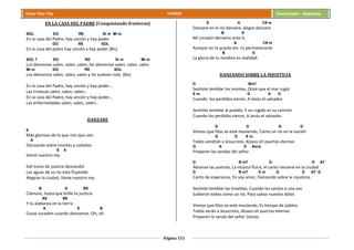 Página 151
Cesar Díaz Tiza VARIOS Cancionero - Alabanza
EN LA CASA DEL PADRE (Conquistando fronteras)
SOL DO RE Si m Mi m
En la casa del Padre, hay unción y hay poder
DO RE SOL
En la casa del padre hay unción y hay poder (Bis)
SOL 7 DO RE Si m Mi m
Los demonios salen, salen, salen, los demonios salen, salen, salen
Mi m DO RE SOL
Los demonios salen, salen, salen y no vuelven más. (Bis)
En la casa del Padre, hay unción y hay poder…
Las tristezas salen, salen, salen…
En la casa del Padre, hay unción y hay poder…
Las enfermedades salen, salen, salen…
DANZARE
E
Más glorioso de lo que mis ojos ven
A
Danzando sobre montes y collados
E A
Viene nuestro rey.
Del trono de justicia descendió
Las aguas de su rio esta fluyendo
Alegran la ciudad, Viene nuestro rey.
B A B9
Clamare, hasta que brille tu justicia
A9 B9
Y tu alabanza en la tierra
A E B
Cosas suceden cuando danzamos. Oh, oh.
E A C# m
Danzare en el rio danzare, alegre danzare
B E
Mi corazón derramo ante ti,
A C# m
Aunque no te pueda ver, tú permanecerás
B E
La gloria de tu nombre es realidad.
DANZANDO SOBRE LA INJUSTICIA
D Bm7
Sentiste temblar los montes, Oíste que el mar rugió
E m G A D
Cuando los perdidos vieron, A Jesús el salvador.
Sentiste temblar al pueblo, Y un rugido es su canción
Cuando los perdidos vieron, A Jesús el salvador.
G D G D
Vemos que Dios se está moviendo, Como un rio en la nación
G D E m
Todos vendrán a Jesucristo, Alzaos oh puertas eternas
G A D Asus
Preparen las sendas del señor.
D B m7 G D A7
Ábranse las puertas, La música fluirá, el canto resuene en la ciudad
D B m7 E m G D A7 D
Canto de esperanza, Yo soy amor, Danzando sobre la injusticia.
Sentiste temblar las tinieblas, Cuando los santos a una voz
Subieron todos como un rio, Para salvar nuestro dolor.
Vemos que Dios se está moviendo, Es tiempo de jubileo
Todos verán a Jesucristo, Alzaos oh puertas eternas
Preparen la senda del señor (Jesús)
 