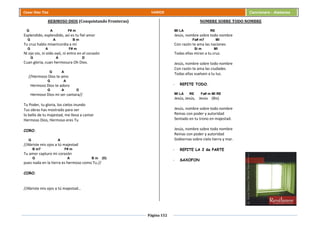 Página 152
Cesar Díaz Tiza VARIOS Cancionero - Alabanza
HERMOSO DIOS (Conquistando Fronteras)
G A F# m
Esplendido, esplendido, así es tu fiel amor
G A B m
Tu cruz hablo misericordia a mí
G A F# m
Ni ojo vio, ni oído oyó, ni entro en el corazón
G A D
Cuan gloria, cuan hermosura Oh Dios.
G A
//Hermoso Dios te amo
G A
Hermoso Dios te adoro
G A D
Hermoso Dios mi ser cantara//
Tu Poder, tu gloria, los cielos inundo
Tus obras has mostrado para ver
lo bello de tu majestad, me lleva a cantar
Hermoso Dios, Hermoso eres Tu
CORO.
G A
//Abriste mis ojos a tú majestad
B m7 F# m
Tu amor capturo mi corazón
G A B m (D)
pues nada en la tierra es hermoso como Tu.//
CORO.
//Abriste mis ojos a tú majestad…
NOMBRE SOBRE TODO NOMBRE
MI LA RE
Jesús, nombre sobre todo nombre
Fa# m7 MI
Con razón te ama las naciones
Si m MI
Todas ellas miran a tu cruz.
Jesús, nombre sobre todo nombre
Con razón te ama las ciudades
Todas ellas vuelven a tu luz.
- REPITE TODO.
MI LA RE Fa# m MI RE
Jesús, Jesús, Jesús (Bis)
Jesús, nombre sobre todo nombre
Reinas con poder y autoridad
Sentado en tu trono en majestad.
Jesús, nombre sobre todo nombre
Reinas con poder y autoridad
Gobiernas sobre cielo tierra y mar.
- REPITE LA 2 da PARTE
- SAXOFON
 