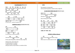 Página 154
Cesar Díaz Tiza VARIOS Cancionero - Alabanza
TE ESPERAMOS (Ebenezer)
Fa#m LA RE MI Fa#m LA Sim MI
Aunque tardare, esperare, en la promesa del señor
RE LA Si m7 MI
Regresara a su iglesia a levantar
RE LA Si m7 MI
Yo lo esperare y con fuerzas cantare.
RE LA Si m7 MI
// El viene, el viene, viene por mi //
RE9 LA RE9 LA
Te esperamos oh señor, te esperamos oh señor
RE9 LA Si m MI
Te esperamos oh señor, regresa con poder (Bis)
Fa#m LA MI Fa#m
La, la,la, la, la… cuantos lo esperan hoy.
HERMOSO CRISTO (Catedral de la Fe)
SOL RE
Tu amor oh Dios, que todo dio
Mi m DO
Lavados con tu sangre carmesí,
SOL RE
Tu majestad podemos ver
Mi m RE DO
En tormentas y en días de quietud.
SOL Mi m
Hermoso Cristo, precioso salvador
SOL RE DO
No hay nada más grande, creador de todo, amigo fiel.
Poderoso Dios, sobre todo estas
El universo esta en tu control
Tu gloria oh Dios, tu santidad
Que guía nuestro ser para adorar, tu nombre oh Dios.
- CORO.
Dios poderoso, incomparable
No hay nada más grande, creador de todo, amigo fiel.
LO QUE DIOS TIENE PARA MI (Oasis de esp.)
SIb DO FA SIb9
Dulce espíritu, tierna presencia de Dios
Sol m Rem7
Necesito tu unción, esa doble porción
SI b DO
Que tú tienes para mi (Bis)
DO SI b DO La m Rem
Solo recibo tu amor, solo recibo tu unción
SIb DO SIb FA
Solo recibo lo que tú tienes para mi,
DO SI b DO La m Rem
Solo recibo tu paz, solo recibo de ti
SIb DO SIb FA
Solo recibo lo que tú tienes para mí.
SUBE UN TONO: SOL
EFESIOS 1:20(Roca blanca)
DO FA
//// El mismo espíritu que levanto a Jesús
La m FA
Ahora vive en mí, ahora vive en mí ////
 