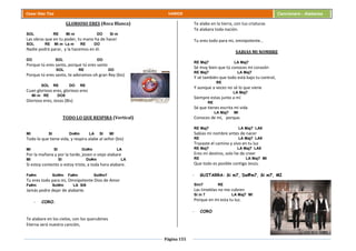 Página 155
Cesar Díaz Tiza VARIOS Cancionero - Alabanza
GLORIOSO ERES (Roca Blanca)
SOL RE Mi m DO Si m
Las obras que en tu poder, tu mano ha de hacer
SOL RE Mi m La m RE DO
Nadie podrá parar, y la hacemos en él.
DO SOL DO
Porque tú eres santo, porque tú eres santo
SOL RE DO
Porque tú eres santo, te adoramos oh gran Rey (bis)
SOL RE DO RE
Cuan glorioso eres, glorioso eres
Mi m RE DO9
Glorioso eres, Jesús (Bis)
TODO LO QUE RESPIRA (Vertical)
MI SI Do#m LA SI MI
Todo lo que tiene vida, y respira alabe al señor (bis)
MI SI Do#m LA
Por la mañana y por la tarde, joven o viejo alabare
MI SI Do#m LA
Si estoy contento o estoy triste, a toda hora alabare.
Fa#m Sol#m Fa#m Sol#m7
Tu eres todo para mi, Omnipotente Dios de Amor
Fa#m Sol#m LA SI9
Jamás podre dejar de alabarte.
- CORO.
Te alabare en los cielos, con los querubines
Eterna será nuestra canción,
Te alabo en la tierra, con tus criaturas
Te alabara toda nación.
Tu eres todo para mi, omnipotente…
SABIAS MI NOMBRE
RE Maj7 LA Maj7
Sé muy bien que tú conoces mi corazón
RE Maj7 LA Maj7
Y sé también que todo está bajo tu control,
RE
Y aunque a veces no sé lo que viene
LA Maj7
Siempre estas junto a mí
RE
Sé que tienes escrita mi vida
LA Maj7 MI
Conoces de mí, porque.
RE Maj7 LA Maj7 LA9
Sabias mi nombre antes de nacer
RE LA Maj7 LA9
Trazaste el camino y vivo en tu luz
RE Maj7 LA Maj7 LA9
Eres mi destino, solo he de creer
RE LA Maj7 MI
Que todo es posible contigo Jesús.
- GUITARRA: Si m7, Do#m7, Si m7, MI
Sim7 RE
Las tinieblas no me cubren
Si m 7 LA Maj7 MI
Porque en mi esta tu luz.
- CORO
 
