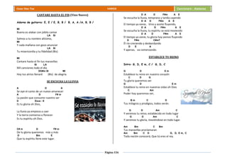 Página 156
Cesar Díaz Tiza VARIOS Cancionero - Alabanza
CANTARE HASTA EL FIN (Vino Nuevo)
Adorno de guitarra: E, E / E, B, B / B, A, A /A, B, B /
MI
Bueno es alabar con júbilo cantar
LA SI
Salmos a tu nombre altísimo,
MI
Y cada mañana con gozo anunciar
LA SI
Tu misericordia y tu fidelidad (Bis)
MI
Cantare hasta el fin tus maravillas
SI LA
Mil canciones todo el día
DO#m SI MI
Hoy tus atrios llenaré (Bis) de alegría.
SE ESCUCHA LA LLUVIA
A D A
Se oye el canto de un nuevo amanecer
A D F# m
La pasión que consume nuestro ser
D Esus - E
Es tu gloria oh Dios,
La lluvia ya empieza a caer
Y la tierra comienza a florecer
Es tu espíritu oh Dios.
C# m D F# m
De tu gloria queremos más y más
D Bm E
Que tu espíritu llene este lugar.
D A D F#m A E
Se escucha la lluvia, temprana y tardía cayendo
D A D F#m A E
El tiempo ya viene, Vino y aceite fluyendo,
D A D F#m A E
Se escucha la lluvia, tu espíritu se está moviendo
D A D F#m A E
El tiempo ya viene, tu gloria hoy vemos fluyendo
D F#m C#m7
Él río creciendo y desbordando
D E A
Y apenas, va comenzando.
ESTABLECE TU REINO
Intro: G, D, E m, C / G, D, C
G D E m
Establece tu reino en nuestro corazón
C D G
Tu gloria queremos ver
G D E m
Establece tu reino en nuestras vidas oh Dios
C Am
Poder hoy queremos ver,
B m C D
Tus milagros y prodigios, todos verán.
G D Am C
Y veremos tu reino, establecido en todo lugar
G D Am C
Y veremos tu gloria, moviéndose en todo lugar.
Am Bm C Bm
Tus maravillas proclamaran
Am Bm C D G, D, E m, C
Toda nación conocerá, Que tú eres el rey.
 