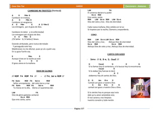 Página 157
Cesar Díaz Tiza VARIOS Cancionero - Alabanza
CAMBIARE MI TRISTEZA (Vertical)
A D F#m E
Cambiare mi tristeza,
A D F#m E
Cambiare mi vergüenza
A D F#m E A D F#m E
Los entregare, por el gozo de Dios.
Cambiare mi dolor y mi enfermedad
Los entregare por el gozo de dios.
A D F#m E
//SI Señor SI, SI Señor// Amen.
Estando atribulado, pero nunca derrotado
Y perseguido este hoy
Maldiciones no me afectan, pues yo sé a quién voy
En su gozo fuerte soy.
E F#m E
Aunque triste en la noche yo este
G D E
El gozo viene en la mañana.
DIOS DE GLORIA
// RE# FA RE# FA // - // FA, Sol m RE# //
FA Solm RE# FA Sol m RE#
Señor omnipotente, del cielo tierra y mar
FA Solm RE# FA Sol m RE#
Tu moras en lo alto, Gloria a ti queremos dar.
LA# FA
Dios de gloria galaxias cantaran
Do m RE#
Que eres santo, santo
LA# FA
El universo declara tu poder
Do m RE#
Eres santo, santo.
RE# LA# Do m RE# LA# Do m
Dios del cielo y mar, Dios de eternidad.
Cada nueva mañana, Dios celebra en la luz
Si tropiezo por la noche, Clamare y responderás.
CORO.
RE# LA# Do m LA# Do m RE#
Dios del cielo y mar, Aleluya Dios de eternidad
Do m RE# Do m RE#
Aleluya Dios de cielo y mar, Aleluya Dios de eternidad.
CANTA CON GOZO
- Intro: // G, B m, D, Csus2 //
G Csus2 G D G
Si tu llamas hoy el contestara, si lo buscas hoy lo encontraras
Csus2 G
Si lo alabas hoy fuerzas te dará
D G C
alabemos hoy oh santos de Dios.
D G Am B m D
Cantad con gozo a nuestro Dios
G Am B m D G
cantad con gozo a nuestro Dios a Dios.
Si lo sientes hoy es porque aquí esta
dale ya tu amor amándote esta
El nos sanara y nos limpiara
nuestro corazón y toda nación.
 