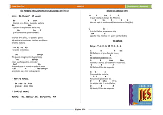 Página 158
Cesar Díaz Tiza VARIOS Cancionero - Alabanza
NO PUEDO IMAGINARME TU GRANDEZA (Vertical)
intro: Bb-Ebmaj7 (4 veces)
Bb F Gm7
Grande eres Dios, tu poder y gloria
Bb Eb2
Opacan el resplandor de un rey
Bb Cm F
y mi corazón se postra ante ti.
Grande eres Dios, tu poder y gloria
se postraran naciones montes temblaran
el cielo alabara.
Eb F7 Eb F7
Grande eres Dios.
Bb Ebmaj7
No puedo imaginarme tu grandeza
Bb Ebmaj7
ni en sueños podría entender
Gm7 Eb
Eres más que la suma de todo el amor
Cm7 F //Bb-Ebmaj7//
eres todo para mí, todo para mí.
- REPITE TODO.
Eb F/Eb Eb F/Eb
gran-de eres Dios
- CORO (2 veces)
FINAL: Bb, Ebmaj7, Bb, Em7(omit5), A9
BAJO SU ABRIGO (JES)
D7 G Em C D
El que habita al abrigo del Altísimo.
G Em C D G
Morará bajo la sombra del Omnipotente Dios (Bis)
C G
Y diré al Señor, esperanza mía
Am D
Castillo mío, mi Dios en quien confiaré (Bis)
MI SEÑOR
Intro: // A, E, D, E // D, D, A
A D A D E
Mi Señor es el gran Rey de reyes,
A E
Mi Señor el poderoso es.
D E C#m F#m
Grande, Excelso, por siempre victorioso,
D E A
Mi Señor el Rey de reyes es.
D E A
Coronado de victoria,
D E A
Resucitado poderoso es.
D E C# m F# m
Yo soy su hijo, El es mi Señor,
D E A
Mi Jesús, El Rey de reyes es.
 