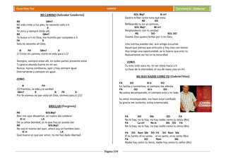 Página 159
Cesar Díaz Tiza VARIOS Cancionero - Alabanza
MI CAMINO (Salvador Landeros)
B9 G#m7
Mi vida rindo a tus pies, te necesito solo a ti
F# E
Te miro y siempre estás allí,
B9 G#m7
Te busco a ti mi Dios, me humillo por completo a ti
F# E
Solo te necesito oh Dios.
B F# G#m7 E
// Cristo mi camino, viviré mi vida para ti //
Siempre, siempre estas allí, en todas partes presente estas
Tu gracia abunda fuerte en mi ser,
Nunca, nunca cambiaras, ayer y hoy siempre igual
Eternamente y siempre sin igual.
CORO.
B F#
////Camino, la vida y la verdad
G#m7 E B F# E
Por fe vivimos no por vista oh Dios, vivimos para ti ////
BRILLAR (Forgiven)
RE SOLMaj7
Abrí mis ojos despertar, un nuevo día celebrar
Si m LA
De su amor bondad, es lo que hoy yo puedo dar
RE SOLMaj7
No soy el mismo del ayer, ahora soy un hombre bien
Si m LA
Qué bueno es que por amor, tú me has dado libertad.
SOL Maj7 Si m7
Quiero brillar como luna que esta,
RE DO
Reflejando tu luz al caminar,
SOL Maj7 Mi m7
Resplandecer con tu verdad
RE DO SOL DO
Úsame Dios quiero brillar por ti mi Dios.
Una sonrisa puedes dar, aun amigo escuchar
Aquel que piensa que está solo y hoy vive con temor
Hoy tengo una oportunidad, se lo bueno que eres tu
Nuevamente ser luz en la oscuridad.
- CORO.
Tu eres todo para mi, mi ser eleva hacia a ti
La llave de la eternidad, el rey de reyes vive en mí.
NO HAY NADIE COMO TU (Gabriel Díaz)
FA DO SI b DO
En luchas y tormentas, el siempre me alienta
FA DO SI b DO
No estoy desamparado, el siempre está a mi lado.
Su amor incomparable, me hace estar confiado
Su gracia me sustenta, estoy enamorado.
FA DO SIb DO FA
No lo hay, no lo hay, no hay nadie como tu Jesús (Bis)
FA La m7 Re m SIb DO FA
No lo hay, no lo hay, no hay nadie como tu Jesús (Bis)
FA DO Rem SIb DO FA DO Rem SIb
El es Santo, el es santo, el es santo, el es santo (Bis)
FA DO Rem SIb
Nadie hay como tu Jesús, nadie hay como tu señor (Bis)
 