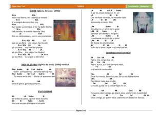 Página 160
Cesar Díaz Tiza VARIOS Cancionero - Alabanza
LIBRE (Iglesia de Jesús - 2002)
Si m SOL
Jesús me liberto, mis cadenas se rompió
Si m SOL
Y su sangre derramo libre soy,
Si m SOL
Con poder y autoridad, el me ha dado libertad
Si m SOL
Del pecado y la maldad libre soy. (Bis)
LA FA#
Con mi canto alabare, con mi voz proclamare
Si m SOL RE LA
que yo soy libre, mis cargas has llevado
Si m SOL RE LA
yo soy libre, soy libre del pecado
Si m SOL RE LA
yo soy libre, mis cargas has llevado
Si m SOL RE LA Si m
yo soy libre, tu sangre se derramó.
DIOS DE GLORIA (Iglesia de Jesús -2006) vertical
FA# Sol#m MI FA# Sol# m MI
Señor omnipotente, del cielo tierra y mar
FA# Sol#m MI FA# Sol# m MI
Tu moras en lo alto, Gloria a ti queremos dar.
SI FA#
Dios de gloria, galaxias cantaran...
ENVUELMEME
MI LA Do#m SI
De todas las cosas, que mi alma escucha
MI SI Fa#m LA SI
Hay una voz que distingue mi corazón
LA MI SOL# Do#m
Es de mi amado deseando mi ser
LA MI SI
Que me hace recordar, no necesito nada
LA SI MI (SI)
Solamente mi Jesús. (Bis)
LA9 Do#m SI
Envuélveme, en el rio de tu amor
LA9 MI Fa#m SI
Y andaré por donde tú me guíes
LA9 Do#m SI
Envuélveme, en el rio de tu amor
LA9 MI SI LA
No dejare de amarte Jesús
MI SI LA SI MI
Dulce es tu amor, dulce es tu amor por mí.
QUIERO ESTAR CONTIGO
D# Cm G# A#
Padre, mío, vengo hoy a ti,
D# Cm G#
Padre, busco, a tu lado siempre estar,
Fm A#
tu presencia contemplar.
C#m A# G# A#
Tocar tus manos, besar tus pies, Oír tu voz hablándome
C#m A#
Y sin temer nada que ocultar,
G# A# G# A#
tu rostro pueda ver y ofrecer todo mi ser.
G# A# Cm7 A#
Yo quiero estar contigo, yo quiero estar, adorarte en tu santidad
G# A# Cm A# G# A#
Estar contigo, yo quiero estar, adorarte con todas mis fuerzas.
 