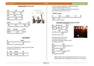 Página 161
Cesar Díaz Tiza VARIOS Cancionero - Alabanza
CERCA DE MI (Su Presencia)
LA9 SI9 MI
Quiero estar donde tu estas señor
LA9 SI9 MI
Descansar y encontrar tu amor
LA9 SI9 MI
Tu dulce voz fluyendo alrededor
LA9 SI9 MI
Nada más, nada más que tu voz.
Do#m7 SI9 LA9
Postrado aquí, en tu presencia encuentro paz
MI SI9 LA9 SI9
Y confiado en ti, anhelo siempre estar (Bis)
Do#m7 SI9 LA9 MI SI9
Y quiero que tú estés cerca de mí
Do#m7 LA9 MI SI9
Tu sabes que no podre vivir sin ti
SOLO CRISTO
SI Sol#m
Mi vida rindo ante tus pies, Te necesito solo a ti
FA# MI
Me vuelvo a ti y siempre estás ahí,
te busco en mi dificultad, Te pongo en el primer lugar
Entrego lo que soy, solo a ti.
SI FA# Sol #m MI
Solo Cristo, eres el único por quien yo vivo
SI FA# Sol #m MI
Solo Cristo, eres el único por quien yo vivo
Tu estas siempre, siempre allí, en toda forma y lugar
tu gracia está profundamente en mi,
tu nunca, nunca cambiaras, eres el mismo ayer y hoy
por siempre y para siempre tu serás.
- CORO (2 veces)
SI FA# Sol #m MI SI
Es el camino, vida y verdad, vivimos por fe no por ver señor
FA# MI
Vivimos para ti (3 veces)
CON TODO LO QUE SOY (Camino de Vida)
Em – G - A
Mi m DO Mim DO Mi m
Declarare, que tú eres mi Dios
Mi m DO Mim DO RE
Y cantare, de todo tu poder
DO RE
Increíble eres tú, te magnificare
DO
Por todo lo que tú eres.
Proclamare que tú eres mi rey
Te alabare, levantare mi voz
Cantare de tu bondad, de todo tu amor
Eres todo lo que adoro.
SOL DO9
Con todo lo que soy, de lo profundo en ti
Mi m7 Si m7
Se maravilla mi alma en ti,
SOL DO9
Con m i corazón, te entrego todo a ti
Mi m7 Si m7
Extravagante adoración.
Mereces todo el honor y toda adoración (Am, C, G / Am, C, G)
Recibe todo mi amor, te glorificare mi Dios. (Am, C, G / Am, C9)
 
