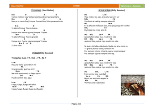 Página 166
Cesar Díaz Tiza VARIOS Cancionero - Alabanza
TE ADORO (Bani Muñoz)
B m D A G
Tantos motivos hay/ tantas razones sobran/ para cantarte
B m D A G
Mas yo te canto hoy/ Porque Tu eres Dios/ Vivo para exaltarte.
B m D
Te adoro Porque Tú eres bueno
A G
Porque eres eterno y para siempre Tú vives
B m D
Te adoro Porque Tú eres grande
A G
Porque eres Fuerte y para siempre Tú vives
B m D A G
Tú Eres Dios.
FUEGO (Billy Bunster)
Trompetas: Lam, FA, Rem , FA, MI 7
La m
Hay una llama que arde en mí
FA
Un gran poder que hay en ti
Re m FA
Me está quemando, su fuego santo
DO MI 7
Puedo sentirlo esta aquí.
La m FA
Fuego, fuego, fuego del señor
Re m FA MI 7
Fuego, fuego, fuego, fuego purificador.
JESUS SEÑOR (Billy Bunster)
DO La m
Vida rindo a tus pies, eres vital para mí ser
SOL FA
Veo hacia el cielo y siempre estas allí
DO La m
En la aflicción te busco Dios, mis ojos pongo en ti señor
SOL FA
Humildad me rindo ante ti.
DO SOL La m FA
Jesús Señor solo a ti yo rendiré mi vida
DO SOL La m FA
Jesús mi Dios, solo a ti yo rendiré mi vida.
Sé que a mi lado estas Jesús, Nadie me ama como tu
Tu gracia abunda tanto, tanto en mí
Por siempre mismo tú serás, ayer y hoy eres igual
Por siempre y para siempre eres rey.
DO SOL La m FA
Jesús Señor solo a ti yo rendiré mi vida
DO SOL La m FA
Jesús mi Dios, solo a ti yo rendiré mi vida.
DO SOL La m
Eres camino vida y verdad
La m FA DO
No es por vista sino es por fe
SOL FA
Vivimos para ti (3 veces)
 