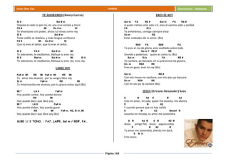 Página 168
Cesar Díaz Tiza VARIOS Cancionero - Alabanza
TE ADORAMOS (Henry García)
SI 9 Sol # m
Dejaste el cielo tú por mí, en una cruz viniste a morir
FA # MI Do # m SI
Te levantaste con poder, ahora tú reinas como rey
SI 9 Sol # m
Toda rodilla se doblara, y toda lengua confesara
FA # MI Do # m SI
Que tú eres el señor, que tú eres el señor.
SI 9 FA # Sol # m MI
Te adoramos, te exaltamos, Aleluya tu eres rey
SI 9 Re# m Sol # m MI SI 9
Te adoramos, te exaltamos, Aleluya tu eres rey, eres rey.
LIBRE SOY
Fa# m MI RE MI Fa# m MI RE MI
Tu amor me alcanzo, por tu sangre libre soy
Si m Fa# m RE MI
Tu misericordia me alcanzo, por tu gracia estoy aquí (Bis)
MI 7 LA 9 Fa# m
Hoy puedo cantar, hoy puedo danzar
RE MI
Hoy puedo decir que libre soy,
MI 7 LA 9 Fa# m
Hoy puedo alabar, hoy puedo gozar
RE MI Fa# m, RE, Si m, MI
Hoy puedo decir que libre soy (Bis)
SUBE 1/ 2 TONO. : FA7, LA#9, Sol m / RE#, FA…
ERES EL REY
Sol m FA RE # Sol m FA RE #
A quien iremos sino solo a ti, eres el camino vida y verdad
FA SI b
Te anhelamos, contigo siempre estar
Do m RE
Estar rodeados de tu amor. (Bis)
RE# FA RE# FA
Tú eres el rey de gloria, eres exaltado sobre todo
Do m 7 RE # RE
Grande y poderoso, quien es como tu (Bis)
Sol m SI b FA RE #
Yo cantare, yo danzare, en tu presencia me gozare,
Do m RE# RE
Eres mi gozo, eres mi rey (Bis)
Sol m RE #
Con mis manos te exaltare, con mis pies yo danzare
Do m RE# RE
Con mi voz yo te cantare (Bis)
JESUS (Ericson Alexander) Saxo
E B A2 E B A2
Eres mi amor, mi vida, quien me levanta, me alienta
E B A2
Y cuando parece que no hay salida
E B A2 Bsus4 B
Levanto mi mirada, tu amor me sostendrá.
E B A2 B E B A2 B
Jesús, amigo fiel, Jesús, seguro estoy
E B A2 B
Tu amor me sostendrá, aliento me dará,
E B A
Eres Jesús.
 