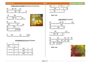 Página 175
Cesar Díaz Tiza VARIOS Cancionero - Alabanza
VIVIRE PARA TU GLORIA (Revolución de adoración)
DO SOL Lam FA
En mi corazón, hay una pasión
DO SOL Lam FA
Que me hace rendir, mi vida en adoración.
DO SOL
Y en el secreto de tu presencia
FA Rem FA SOL
Yo quiero estar, yo quiero adorar (Bis)
DO SOL
Amado Dios mi único señor
SIb FA SOL
Mi roca y castillo en quien confiare
DO SOL
Aliento y vida mi seguridad
SIb FA SOL DO
Yo viviré para tu gloria señor.
FA SOL DO FA SOL
Yo viviré, yo viviré, para tu gloria, para tu gloria.
ESCONDEME EN TU LUZ (El Shaddai)
F G C
Por donde quiera que voy
Dm7 C G
El camino me regresa a ti
F G C Dm7 C G
Por más que trate de huir, en tu sombra esta mi hogar
F G C Dm7 C G
Por más que cierre mis ojos, tu mirada sobre mi estará
F G C Dm7 C G
Por más que trate ignorarte, tu voz fuerte se escuchará.
Am7 F C G Am F C G
Escóndeme en tu luz, para ver mejor
Am7 F C Am
Que cada paso que de, me aleje de mi
Bb G
Porque quiero ser mas como tú.
- Repite todo.
LIBRE SOMOS (El shaddai)
RE SOL RE SOL
Toda nación proclamara, Que el dios eterno reinará
RE SOL
Reinos caerán la tierra temblara
RE SOL LA
Toda rodilla ante él se postrará.
SOL Si m
// No hay nadie más, no hay comparación
SOL RE LA
Dios de gloria gracia y poder //
RE SOL Si m RE SOL
Libre somos proclamen todos, Poderoso es Dios
RE SOL Si m RE SOL
El es digno de alabanza, poderoso es Dios
RE SOL Si m RE SOL
Oh, oh, oh. Oh, oh, oh.
- Repite todo.
 