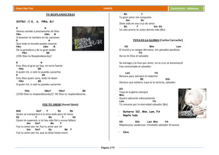 Página 179
Cesar Díaz Tiza VARIOS Cancionero - Alabanza
TU RESPLANDECERAS
INTRO: // E, A, F#m, B//
E A
Hemos venido a proclamarte oh Dios
F#m C#m B
A levantar tú nombre en las naciones
E A
Que todo el mundo pueda conocer
F#m C#m B
De tu grandeza y de tu gran poder
F#m B9
//Oh Dios tú Resplandecerás//
E A
Eres Dios el gran yo Soy, mi torre fuerte
F#m B9
A quien iré, si solo tú puedes saciarme
E A9
Eres Dios quien sana, todo mi dolor
F#m B9
A quien iré, si solo tú puedes saciarme
F#m G#m7 F#m7 B9
///OH Dios tu resplandecerás/// Oh Dios tu resplandecerás.
FUE TU AMOR (Israel Quin)
Bb9 Gm7 F Eb Bb
Quien se comparará si tu eres todo para mi Jesús
Eb F Bb F Eb
Quien te superará, si tú has sido fiel y nunca fallará.
Gm Dm7 Bb F
Fue tu amor por mí, fue tu amor por mí
Gm Dm7 Eb Bb F
Fue tu amor por mí, que te diste hasta morir.
Bb F
Tu gran amor me conquisto
Gm Eb
Diste vida en esa cruz de amor
Bb F Gm Eb
Un alto precio te costo darme vida (Bis)
TUYA ES LA GLORIA (Carlos Carcache)
DO Mim Lam
El murió y su sangre derramo, mis pecados perdono
FA
Así es mi Dios el salvador.
Se entrego y lo hizo por amor, en la cruz se estremeció
Fue consumado el salvador.
Lam FA
Reinara para siempre el redentor
RE SOL
Declaro que volverá, tuya es la victoria, salvador.
DO
Tuya es la gloria siempre
Mim
Quiero adorarte intensamente
Lam FA
Tú reinaras por la eternidad salvador (Bis)
- Guitarra: DO, Mim, Lam, FA
- Repite todo.
DO SOL Lam Mim FA
Majestuoso, poderoso, inmolado salvador (4 veces)
- Coro.
 