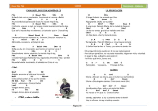 Página 18
Cesar Díaz Tiza VARIOS Cancionero - Alabanza
EMMANUEL DIOS CON NOSOTROS ES
F#m A Bsus4 F#m C#m B
Brilla el cielo con un resplandor, iluminando el camino a Belén
F#m C#m D G E
Anunciando la esperanza de Israel, ha nacido hoy el rey,
F#m A Bsus4 F#m C#m B
En el cielo una voz se oyó, no tengan miedo buenas noticias les doy
F#m C#m D G E
Que les ha nacido hoy mi redentor, un salvador que es Cristo el rey.
G Bsus4 Esus4 G Bsus Esus4
Emmanuel Dios con nosotros es, Emanuel, Dios con nosotros es
G Bsus4 Bm A D
Admirable, consejero, príncipe de paz.
F#m A Bsus4 F#m C#m B
Brilla una luz en mi corazón, que ilumina el camino hacia él
F#m C#m D G E
Revelándome eterna salvación, ha nacido hoy el rey,
F#m A Bsus4 F#m C#m B
En la tierra él sigue hablando hoy, regalando al hombre vida y perdón
F#m C#m D G E
Necesita habitar tu corazón, el salvador es Cristo el rey.
CORO.
Mim7 DO RE
Ángeles anuncian al niño que ha nacido
Mim7 DO REsus4
En los cielos cantan al rey que ha venido
RE SOL FA# FA DO
Venid adoremos a Cristo el Señor
Lam7 G
Vengan demos gloria,
FA DO RE
Vengan demos gloria al salvador.
- CORO y sube a Sol#m.
.
LA ANUNCIACIÓN
D C#m
El ángel Gabriel fue enviado por Dios
F#m Esus4 E
Algo grande estaba por suceder
D C#m7 F#m7 Esus E
A una mujer llamada María, de la ciudad de Nazaret.
C#m7 D MI F#m7
Le dijo no temas, gracia haz hallado ante Dios
C#m7 D G E
Un hijo darás a luz, lo llamarás Jesús.
D A E F#m7 D A E
Será grande, Hijo del Altísimo, y reinará para siempre
D A E F#m7 D A G
El Señor Dios le dará el Trono, y su reino no tendrá fin.
Ella preguntó cómo puede ser, Si no soy nada especial
Pero sé que para Dios, no hay nada imposible, hágase en mi tu voluntad.
El ángel le dijo, su Espíritu está sobre ti
Y el fruto que llevas, Santo será.
G D F C Bb Gm7 E
Admirable, Consejero, Príncipe de Paz.
GLORIA
G D Am7 D
Gloria a Dios en las alturas, paz en la tierra a los hombres
G D Am7 Dsus4
Gloria a Dios ángeles cantan, Cristo Jesús nació (Bis)
C Em7 Am7 F Dsus4
Venid pastorcillos y ved en un portal de Belén
C Em7 Am7 F Dsus4
Ha nacido el rey que es Cristo el señor.
Venid y adoremos al rey su estrella brilla en Belén
Hoy te ofrezco mi rey mi vida y corazón.
 