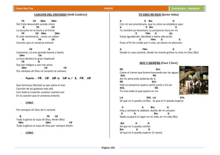 Página 182
Cesar Díaz Tiza VARIOS Cancionero - Alabanza
CANCION DEL UNIVERSO (Seth Condrey)
F# C# G#m D#m
Del Cielo descendió sonido único
B F# C#
Lo escucho en la lluvia y al tronar
F# C# G#m D#m
El cielo estremeció, como un cañón
B F# C#
Canción que el universo entonó.
F# B
Cantamos, tú eres grande bueno y Santo
D#m C#
La luna declara tu gran majestad
F# B
Soy tan indigno y aún me amas
D#m C# F#
Por siempre oh Dios mi corazón te cantara.
- Puente - F#, C#, G# m, D# m / B, F#, C#
Que hermosa libertad se oye sobre el mar
Canción de las galaxias más allá
Con toda la creación unamos nuestra voz
En la canción que el universo entonó.
- CORO.
Por siempre oh Dios de ti cantaré.
B F# C#
Toda la gloria es tuya oh Dios, Amén (Bis)
G#m D#m C#
Toda la gloria es tuya oh Dios por siempre Amén.
- CORO.
TU ERES MI DIOS (Javier Soba)
A E Bm D
Con mi voz proclamare, que tu reino se establece aquí
A E Bm D
Tu nombre yo levantare, tu presencia mora en mi.
E F#m D (A)
Estoy agradecido, decidido a darte adoración
E F#m D E
Pues al fin he creído por ti vivo, ya tienes mi atención.
A F#m E D
Desde tu casa cantaré, desde los monte gritare tu eres mi Dios (Bis)
HOY Y SIEMPRE (Face 2 face)
RE Sim
Como el ciervo que brama buscando por las aguas
SOL RE
Así mi alma está sedienta de ti,
RE Sim
Solo tu presencia quiero sentir junto a mí ser
SOL RE
Tú eres todo lo que quiero en mí.
LA SOL LA SOL
Sé que en ti puedo confiar, sé que en ti puedo esperar
D A Bm G
Hoy y siempre te alabaré, dueño de mi corazón
D A Bm G
Nada ocupará tu lugar en mi vida, en mi vida (Bis)
Bm A G
Sé que en ti puedo confiar
Bm A G
Sé que en ti puedo esperar (3 veces)
 