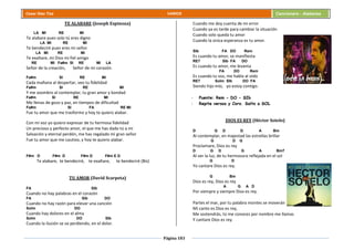 Página 183
Cesar Díaz Tiza VARIOS Cancionero - Alabanza
TE ALABARE (Joseph Espinoza)
LA MI RE MI
Te alabare pues solo tú eres digno
LA MI RE MI
Te bendeciré pues eres mi señor
LA MI RE MI
Te exaltare, mi Dios mi fiel amigo
RE MI Fa#m SI RE MI LA
Señor de la creación, Señor de mi corazón.
Fa#m SI RE MI
Cada mañana al despertar, veo tu fidelidad
Fa#m SI RE MI
Y me asombro al contemplar, tu gran amor y bondad
Fa#m SI RE MI
Me llenas de gozo y paz, en tiempos de dificultad
Fa#m SI FA RE MI
Fue tu amor que me trasformo y hoy te quiero alabar.
Con mi voz yo quiero expresar de tu hermosa fidelidad
Un precioso y perfecto amor, el que me has dado tú a mí
Salvación y eternal perdón, me has regalado mi gran señor
Fue tu amor que me cautivo, y hoy te quiero alabar.
F#m D F#m D F#m D F#m E D
Te alabare, te bendeciré, te exaltare, te bendeciré (Bis)
TU AMOR (David Scarpeta)
FA SIb
Cuando no hay palabras en el corazón
FA SIb DO
Cuando no hay razón para elevar una canción
Solm DO
Cuando hay dolores en el alma
Solm DO SIb
Cuando la ilusión se va perdiendo, en el dolor.
Cuando me doy cuenta de mi error
Cuando ya es tarde para cambiar la situación
Cuando solo queda tu amor
Cuando la única esperanza es tu amor.
SIb FA DO Rem
Es cuando tu amor, se manifiesta
RE7 SIb FA DO
Es cuando tu amor, me levanta
FA DO Rem
Es cuando tu voz, me habla al oído
RE7 Solm SIb DO FA
Siendo hijo mío, yo estoy contigo.
- Puente: Rem - DO - SIb
- Repite versos y Coro. Salto a SOL
DIOS ES REY (Héctor Sotelo)
D G D G A Bm
Al contemplar, en majestad las estrellas brillar
G D G
Proclamare, Dios es rey
D G D G A Bm7
Al ver la luz, de tu hermosura reflejada en el sol
G D
Yo cantare Dios es rey.
G Bm
Dios es rey, Dios es rey
A G A D
Por siempre y siempre Dios es rey.
Partes el mar, por tu palabra montes se moverán
Mi canto es Dios es rey,
Me sostendrás, tú me conoces por nombre me llamas
Y cantare Dios es rey.
 