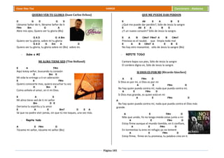Página 185
Cesar Díaz Tiza VARIOS Cancionero - Alabanza
QUIERO VER TU GLORIA (Juan Carlos Ochoa)
D G D G D
Lléname Señor de ti, lléname Señor de ti
F#m Bm G A
Abre mis ojos, Quiero ver tu gloria (Bis)
G A D G A Bm
Quiero ver tu gloria, sobre mi tu gloria
G A D G Em A D
Quiero ver tu gloria, tu gloria sobre mi (Bis) sobre mí.
- Sube a MI
MI ALMA TIENE SED (Tim Holland)
E A F#m
Aquí estoy señor, buscando tu corazón
D Bm E
Mi vida te entrego a ti en adoración
E A F#m
Quiero conocerte mas, quiero escuchar tu voz
D Bm E
Como anhelo el amor, en ti mi Dios.
E A E
Mi alma tiene sed de ti mi señor
Bm D E
Derrama tu espíritu y tu amor
E A E Bm7 D E A
Sé que no podre vivir jamás, sin que tú me toques, una vez más.
- Repite todo
A E F#m D
Tócame mi señor, tócame mi señor (Bis)
QUE ME PUEDE DAR PERDON
E A9 E A B E
¿Qué me puede dar perdón?, Sólo de Jesús la sangre
E A9 E A B E
¿Y un nuevo corazón? Sólo de Jesús la sangre.
E A B C#m7 F#m7 A B C#m7
Precioso es el raudal, que limpia todo mal
E A B C#m7 A E B E
No hay otro manantial, sólo de Jesús la sangre (Bis)
- REPITE TODO
Cantare bajos sus pies, Sólo de Jesús la sangre
El cordero digno es, Sólo de Jesús la sangre.
SI DIOS ES POR MI (Ricardo Sánchez)
A E F#m D
Si Dios es por mí, si Dios es por mí
A E F#m D
No hay quien pueda contra mí, nada que pueda contra mí,
A E F#m D
Si Dios mas grande, es quien está en mi
A E F#m D
A
No hay quien pueda contra mí, nada que pueda contra el Dios más
grande.
A E F#m D
Más que unido, Yo no tengo miedo estas junto a mí
A E F#m D
Estoy firme aunque el mundo tiemble, en ti confiare,
A E F#m D
En tormentas tu eres mi refugio yo no temeré
A E F#m D
Estoy firme, firme en tu promesa, tu palabra creo en ti.
 
