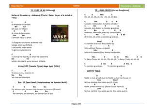 Página 186
Cesar Díaz Tiza VARIOS Cancionero - Alabanza
TU VIVES EN MI (Hillsong)
Guitarra Strawberry: Ambience (Efecto: Delay: bajar a la mitad el
Time)
C D
Al despertar te cantaré
Bm Em
Mis ojos en Ti fijaré
C D
Al ritmo de tu corazón
Bm Em
Caminaré hacia tu amor.
Tu fuego en mi interior ardiendo está
Salvaje amor que brillará
Esta pasión, todos verán
Tu gloria resplandecerá
C D
Tú nunca me dejarás, tu amor me sostendrá
Bm Em
Junto a mí estarás y por siempre brillarás.
- String D50 (Yamaha Tyros) Mega Synt (N364)
C D
Tú vives en mí, vives en mí
Bm Em
Soy tuyo para siempre
- Eco: 11 Quad Swell (Sintetizadores de Yamaha Motif)
C D Bm Em
Por siempre, por siempre, por siempre en tu amor (3 veces)
C D Bm Em
Por siempre, por siempre, por siempre yo sé que.
TE LLAMO CRISTO (Israel Houghton)
A D F#m E
Oh, oh, oh, Oh, oh, oh, Oh, oh, oh (Bis)
A Bm E D A
Sanador, restaurador, maestro, salvador
A Bm E A
Amante, eres dador, tu nombre grande es
A Bm E D A
Redentor, libertador, eres rey, conquistador
A Bm E A E A9
Oh Cristo, oh Cristo tu nombre grande es.
Dmaj7 E
Tu nombre es Cristo, Resucitado rey
D E
Alto sublime, Reinas con poder
C#m E
Solo en tu nombre Dios, demos hoy perdón.
F#m A D E F#m A D
Te llamo Cristo, oh, oh, oh, Oh, oh, oh, Te llamo Cristo, oh, oh, oh
E A Bm E A Bm, E
Tu nombre grande es, Tu nombre grande es
- REPITE TODO.
D E
Nadie es más grande que tú, Nadie es más fuerte que tú
C#m F#m7
No hay nombre más Santo que tú, Cristo
D E
Nadie puede darnos luz, y hacer lo que haces tú
C#m E
No hay nombre más santo que tú, Más santo que tú.
 