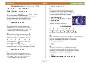 Página 23
Cesar Díaz Tiza VARIOS Cancionero - Alabanza
DIOS AL MUNDO AMO (Dios al mundo amo – 2001)
F Bb C F Bb C A, Dm // Bb, F // Bb, C
Wuoo, wuoo
String: //Dm, Bb// Dm, Bb, G7, Bb
Dm (Dm/maj7) (Dm7), (Dm6)
Un ciclo que comienza, una era que termina.
Las naciones tienen guerra, ¿quién las gana y quién domina?
Hay políticas y traiciones, religión y revoluciones,
Terremotos y mal clima, en un mundo que termina.
- Adorno: Dm, Bb, G7, Bb
Dm
Narcotráfico y drogas, esclavizan nuestra vida.
Ya el hombre va a la luna, y la ciencia hoy camina.
Hay un pueblo que regresa, que casi lo exterminan,
Y millones no han oído un mensaje positivo.
Gm C
Pero el curso de la historia se cambió en una cruz
F C Bb C
Cuando Cristo Jesús murió para que tú sepas que:
F Bb C F Bb C
Dios al mundo amó, y de tal manera fue su amor
A Dm
Que a su Hijo unigénito Él nos dio
Bb F Bb F Bb C F
Para que todo aquel que crea en Él, tenga vida eterna (Bis)
- Adorno: Dm, Bb, G7, Bb
Dm
La princesa enamorada, en una tragedia acaba.
Darwin y la evolución, no son más que una ficción.
Sodomía y perversión, nos trajeron destrucción.
Y el muro de Berlín, es de arcilla y aserrín.
- Adorno: Dm, Bb, G7, Bb
Dm
¿Son los músicos del rock más famoso que Jesús?
A Hiroshima y Nagasaki, una bomba los termina.
El hielo hundió un barco, que “Dios no podía hundir”.
Y la tierra prometida, es una cárcel sin salida.
- PRE-CORO y CORO.
- Guitarra: ///Bb, F, C /// Bb, C / D.
- CORO: en SOL
Vida, vida eterna, vida, vida eterna…
YO TE QUIERO AMAR
Am F C G Am F C G
Yo te quiero amar, con toda mi vida y mi corazón
Am F C G Am F C G
Con toda mi fuerza y todo mi ser, te quiero adorar (Bis)
Am
Solo a tu Dios honraras y servirás, y con todas tus fuerzas me amaras
Ídolos no tendrás y a ninguna imagen tu rodilla doblaras
No usaras mi nombre en vano santo es y lo santificaras
El día de reposo tú guardaras.
- CORO.
Am
A tus padres siempre amaras y mi bendición tú tendrás
No robaras ni mataras, la mujer de tu prójimo no desearas
No hablaras falsos testimonios, de celos y envidia te cuidaras
Yo soy tu Dios y mis mandamientos guardaras.
- CORO.
- Sube el CORO: La# m, FA#, DO #, SOL #
 