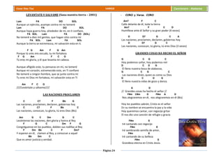 Página 24
Cesar Díaz Tiza VARIOS Cancionero - Alabanza
LEVANTATE Y SALVAME (Sana nuestra tierra – 2001)
Lam FA DO SOL
Aunque un ejército, acampe contra mí no temeré
Lam FA DO SOL
Aunque haya guerra hoy, alrededor de mí, en ti confiare,
FA SOL Lam FA DO (SOL)
No temeré a diez mil gentes, que hagan sitio contra mí
FA SOL Lam FA SOL
Aunque la tierra se estremezca, mi salvación esta en ti.
F G Am F G Am
Porque tú eres mis escudo, tu mi fortaleza
F G Am F C G
Tú eres mi gloria, y él que levanta mi cabeza.
Aunque afligido este, tu pensaras en mí, no temeré
Aunque mi corazón, estremecido este, en Ti confiare
No temeré a ningún hombre, que se junte contra mi
Tu eres mi Dios mi fortaleza, mi salvación esta en Ti
Am F C G
////Levántate y sálvame////
LAS NACIONES PROCLAMEN
C C7 F Bb G
Las naciones, proclamen, declaren, gobiernas hoy
C C7 F Bb C
Las naciones, conozcan, tu gloria, tú eres Dios (Bis)
Am G C Dm G C
Levántense las naciones, den gloria y honra al Rey
F G C Dm F G
Congréguense en los pueblos, doblen sus rodillas al Rey
F Dm Bb C F Dm7
Y esperen en él, clamen al Rey, y conozcan a aquel
Bb Gm C
Que es amor justicia y verdad.
- CORO y Verso. CORO
Am7 F C
Calle delante de él, toda la tierra
Am7 F C D
Humíllese ante él Señor y su gran poder (4 veces)
D D7 G C A
Las naciones, proclamen, declaren, gobiernas hoy
D D7 G C
Las naciones, conozcan, tú gloria, tú eres Dios (3 veces)
GRANDES COSAS HA HECHO EL SEÑOR
G C G C
Hoy podemos soñar, hoy podemos reír
D C D G
El lleno nuestra boca de alabanza,
G C G C
Las naciones dirán, quien es como su Dios
D C D G
El lleno nuestra vidas de gozo y danza.
A D
// Grandes cosas ha hecho el señor //
F#m C#m D F#m A D
Nos alegraremos en él, nos alegraremos en él (Bis)
Hoy los pueblos sabrán, Cristo es el señor
En su nombre se encuentra la paz y la vida
Hoy queremos cantar, con regocijo gritar
El nos dio una canción de refugio y gracia
F#m E
Iré cantando con regocijo
F#m E
Iré sembrando semilla de amor,
F#m E
Iré cantando de su belleza
F#m E
Grandeza eterna en Cristo Jesús.
 
