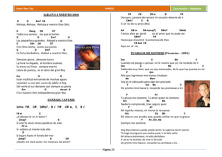 Página 25
Cesar Díaz Tiza VARIOS Cancionero - Alabanza
ALELUYA A NUESTRO DIOS
D G Em7 C9 D
Aleluya, Aleluya, Aleluya a nuestro Dios (Bis)
D Daug D6 D7
Todos sus siervos, los que le temen
G D Em7 G
Los pequeños y grandes, Alabad a nuestro Dios
D D5+ D6 D7
El es Dios Santo, Justos sus juicios
G D Em7 G
Es Fiel y Verdadero, Alabad a nuestro Dios.
Démosle gloria, démosle honra
La hora ha llegado, al Cordero exaltad,
Su trono es firme, siempre eterno
Cetro de justicia, es el cetro del gran Rey.
Em G D
Gran multitud estruendo de muchas aguas
Levanten su voz den voces de júbilo al Rey
Del norte al sur declaren por siempre su gloria
Em G Asus4 A
El es nuestro Dios todopoderoso gran Rey.
DANZARE, CANTARE
Intro: F#, C#, D#m7, B / F#, C# m, E, B /
F# m E
¿A dónde iré sin ti Señor?
Dmaj7 E
Si solo tú Jesús tienes palabras de vida
F# m
Si subiera al monte más alto
E
O bajara hasta el fondo del mar
Dmaj7 A C#
¿Quién me dará quien me mostrara tal amor?
F# C# D# m B F#
Danzare, cantare derramare mi corazón delante de ti
C#m7 E B
Es el rio de tu amor (Bis)
A# D# m D# m(maj7) D#m7 D#m6
Tantos años yo perdí sin el amor que no pude ver
G#m7 F#
Hasta que encontré la presencia de Dios
C# sus C#
Aquí en el rio.
TU GRACIA ME SOSTIENE (Vivencias – 2001)
Dm C Bb C
Cuando me pongo a pensar, en lo mucho que yo, he recibido de ti
Dm C Bb C
Sabiendo muy bien, que no soy merecedor, de lo que has puesto en mí
F Gm
Mis ojos lagrimean mis manos titubean
Bb Bbm
Soy yo el adecuado para algo tan preciado
F Dm Bb C
De pronto miro hacia ti, recuerdo tus promesas a mí.
F A7
Tu gracia me sostiene, Tú amor quien lo contiene
Dm Eb Bb
Nadie lo comprende, Vivo seguro pues
F A7
Mí espíritu relevas, mi mente la renuevas
Dm Eb Bb C
Mi vida es una prueba que, puedo confiar en que tu gracia
F A7, Dm, Eb
Siempre me sostiene.
Hay días enteros cuando puedo sentir, la urgencia de mi clamor
Te hago la pregunta que podría pasar si te fallo señor
Mi alma se estremece, mi vida desfallece
A veces he dudado, de este tú llamado
De pronto miro hacia ti, recuerdo tus promesas a mí…
 