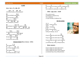 Página 28
Cesar Díaz Tiza VARIOS Cancionero - Alabanza
AL REY
Intro: Sol m, FA, MIb, RE
Sol m FA MIb RE
////Al Rey Hossana, al Rey aleluya////
RE Sol m
Me ha enseñado su grandeza
FA SIb
Me ha mostrado su belleza
RE Sol m
Me vistió de su realeza
FA Dom MIb RE
De su salvación yo cantaré.
RE Sol m FA SIb
Ha cambiado mi tristeza, ha ungido mi cabeza
RE Sol m FA MIb Dom RE
Me cubrió de su belleza, de su redención yo cantaré.
Do m Sol m
Yo me asombro me maravillo
RE Sol m Sol m7
Y derramo mi canto en honor a Él
Do m Sol m
No hay nadie más glorioso
LA RE
Tan hermoso como mi Rey.
VENGAN TODOS (Dios es bueno – 2005)
G C D
Hey! Vengan Todos
G C Em D
Es el tiempo de alabar a Dios
G C D
Hey! Vengan Todos
G C Em D G
Es el tiempo de alabar a Dios.
G D C G
Con la música con nuestra canción, te alabamos hoy,
G D C D G
Con el júbilo de la adoración, te alabamos hoy.
- CORO. Luego sube a SOL#
Por su eterno amor,
Su fidelidad, le alabamos hoy
Por su salvación
y su gran bondad, le alabamos hoy
REY DE GLORIA
D G D
Al Rey, Al Rey de Gloria,
D G D
Al Rey, Oh Aleluya,
D G D
Al Rey, Al Rey de Gloria,
D G D C G A
AL Rey, Oh Aleluya, ah, ah.
D G2
Al que es digno de recibir toda la gloria
D G2
Al que es digno de recibir todo el honor
D G2
Al que es digno de recibir nuestra alabanza
C G D
Le cantamos hoy, Al Rey, Al Rey de Gloria.
- Misma secuencia
Al que es digno de recibir toda la honra
Al que es digno de recibir Adoración
Al que es digno de recibir nuestra alabanza
Le cantamos hoy, Al rey, Al Rey De Gloria.
 