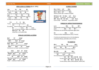 Página 31
Cesar Díaz Tiza VARIOS Cancionero - Alabanza
SERA LLENA LA TIERRA (En ti- 1991)
Lam FA DO MI
Alza tus ojos y mira, la cosecha esta lista
La m SOL FA MI
El tiempo ha llegado, la mies está madura
Lam FA DO MI
Esfuérzate y se valiente, levántate y predica
La m SOL FA MI
A todas las naciones que Cristo es la vida.
F G C E Am
Y será, llena la tierra de su gloria
F G E Am
Se cubrirá, como las aguas cubre la mar (Bis)
MI La m MI La m
No, no hay otro nombre, dado a los hombres
Rem La m FA MI
Jesucristo, es el señor (Bis)
VENGAN CANTEMOS AL SEÑOR
Bm7 E7 Amaj7
Vengan cantemos al Señor
F#m7 Bm7 E7 Amaj7
a nuestro protector y Salvador
Edim Bm7 E7 Amaj7
Con gracias en Su presencia entrar
F#m7 Bm7 E7 Amaj7
Venimos en su honor cantemos al Señor.
Edim Bm7 E7 Amaj7
Hay un gran esplendor en Su presencia
F#maj7 Bm7 E7 Amaj7
poder y belleza el Señor es Rey.
F# Bm7 E7 Amaj7
Hay un gran esplendor en Su presencia
F#maj7 Bm7 E7 Amaj7
Poder y belleza el Señor es Rey.
GLORIA Y HONOR
Re m Sol m LA7 Rem
Gloria y honor demos al cordero
Re m Sol m LA7 Rem
Gloria y honor dar a nuestro rey (Bis)
RE7 Sol m DO FA Rem LA7 Re m
Sacrificio te ofrezco, mi canto te doy
RE7 Sol m DO FA Rem LA7 Re m
Con mi vida proclamo, tu grandeza señor.
PORQUE EL SEÑOR TODOPODEROSO
La m SOL FA MI 7
Derramando nuestros corazones, delante del trono
La m SOL FA MI 7
Cantemos con estruendo de grandes aguas (bis)
FA SOL La m
Porque el señor todopoderoso reina ( 4 veces)
Y la tierra se estremezca con un rio de alabanza
Cantando aleluya, postrados ante el trono.
TU HABITAS
Mi m DO RE Mi m
T u eres Dios, eres Rey, eres grande y temible
Mi m DO RE Mi m
Tu eres luz, el amor, eres Cristo el Señor.
Mi m DO RE Mi m
Tu habitas en las alabanzas de tu pueblo
DO La m SI7
En la hermosura de tu santidad (bis)
DO RE Mi m DO RE Mi m
Tu eres Santo, santo, santo hijo de Dios
DO RE Mi m DO RE Mi m
Tu eres Santo, santo, santo altísimo Señor (bis)
 