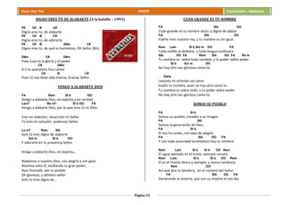 Página 33
Cesar Díaz Tiza VARIOS Cancionero - Alabanza
DIGNO ERES TÚ DE ALABARTE (A la batalla – 1991)
F# C# B C#
Digno eres tú, de alabarte
F# C# B C#
Digno eres tú, de adorarte
F# C# B G#m C#
Digno eres tú, de qué te honremos, Oh Señor (Bis)
D#m C# D#m
Pues tuya es la gloria y el poder
C# D#m
A ti te queremos hoy cantar
C# B C#
Pues tú nos diste vida eterna, Gracias Señor.
VENGO A ALABARTE DIOS
FA Rem SI b DO
Vengo a alabarte Dios, en espíritu y en verdad
Lam7 Re m7 SI b DO FA
Vengo a alabarte Dios, por lo que eres tú mi Dios.
Eres mi redentor, Jesucristo mi Señor
Tú eres mi salvador, poderoso Señor.
La m7 Rem SIb
Solo tú eres digno de alabarte
Sol m SI b DO
Y adorarte en tu presencia Señor.
Vengo a alabarte Dios, en espíritu…
Alabemos a nuestro Dios, con alegría y con gozo
Alcemos ante él, exaltando su gran poder.
Seas honrado, por tu pueblo
Oh glorioso, y altísimo señor
Solo tú eres digno de…
CUAN GRANDE ES TU NOMBRE
FA SIb DO
Cuán grande es tu nombre Jesús, y digno de alabar
FA SIb DO
Fuerte eres nuestro rey, y tu nombre es sin igual.
Rem Lam SI b Sol m DO FA
Toda rodilla se doblara, y toda lengua confesara
SIb DO FA Rem SIb DO FA Re m
Tu nombre es sobre todo nombre, y tú poder sobre poder
SI b Sol m DO
No hay otro tan glorioso como tú.
- Coro
Levanto mi ofrenda con amor
Exalto tu nombre, pues no hay otro como tu
Tu nombre es sobre todo, y tú poder sobre poder
No hay otro tan glorioso como tú.
SOMOS SU PUEBLO
FA SI b
Somos su pueblo, creados a su imagen
FA DO
Somos la generación de Dios,
FA SI b
El nos ha unido, con oleo de alegría
FA SIb DO FA
Y con toda autoridad levantamos hoy su nombre.
Rem Lam SI b SI b DO Rem
El sigue sentado en el trono, siempre reinara
Rem Lam SI b SI b DO Rem
El es el mismo ahora y siempre, y nunca cambiara.
Rem DO
Así que alza tu bandera, en el nombre del Señor
FA SIb DO FA
Declarando la victoria, que con su muerte el nos dio.
 