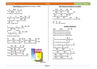 Página 34
Cesar Díaz Tiza VARIOS Cancionero - Alabanza
ME ENTREGO A TI (Delante de tu trono – 1992)
D Asus4 G A
Me entrego a ti, hoy Señor
D Asus4 G A
en alabanza y adoración (Bis)
G A F#m Bm B7
Me postro ante ti Señor, con gratitud y amor
G A F#m Bm
Te alabo Señor, con todo mi corazón
Em A D
Señor, vengo ante ti.
F C Dm Am, C, Bb
Dios de gloria y majestad, digno
Bb, F, Gm C
Salvador, y Señor,
F C Dm Am, C, Bb
Bendito Maestro, y digno
C F
de adorar y exaltar (Bis)
FA Rem SIb DO FA Rem SI b DO
Vengan cantemos al Señor, Vengan traigámosle honor
FA RE SIb DO FA Rem SI b DO
canten con todo el corazón, vamos cantemos al Señor.
Re m SIb FA DO
Porque él, es digno de adoración
Rem SIb FA DO
Porque él es digno de todo el honor
Re m SIb FA DO
Porque él, es digno de adoración
Re m SIb FA DO
Porque él, es el Señor de toda la creación.
QUE TODOS LOS PUEBLOS TE ALABEN
Mi m RE DO RE
Que todos los pueblos te alaben
Mi m RE DO RE
que toda la creación hoy te corone Rey
Si m RE Mi m RE
y digan que Tu eres poderoso
Mi m RE DO RE
Tu eres Rey, tu eres rey, tu eres Rey, tu eres Rey (Bis)
Am B7 E m
Tú eres Rey (4 veces)
GLORIA Y MAJESTAD
Mi m Mi m7 DO RE
Gloria y majestad delante de él
Poder y hermosura en su santuario
El Señor que viene con todo poder
Juzgará en justicia y en fidelidad (Bis)
A (G) D
tu reino de justicia eterna establecerás
A G E
en tu pueblo que tu gloria exalta
A G D
En tus escogidos que por siempre vencerán
A G E
has declarado en ellos libertad,
F#m F#m7 D E
Se han humillado ante tu majestad
F#m F#m7 A E
Se han puesto armas de justicia y santidad
F#m F#m7 D E
Tu sangre les vistió de dignidad
F# m F#m7 A E
Su corazón fue liberado en Tu bondad.
 