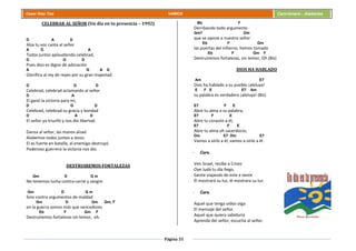 Página 35
Cesar Díaz Tiza VARIOS Cancionero - Alabanza
CELEBRAR AL SEÑOR (Un día en tu presencia – 1992)
D A D
Alza tu voz canta al señor
A D A
Todos juntos aplaudiendo celebrad,
D G D
Pues dios es digno de adoración
A G A D
Glorifica al rey de reyes por su gran majestad.
D G D
Celebrad, celebrad aclamando al señor
D A
El ganó la victoria para mí,
D G D
Celebrad, celebrad su gracia y bondad
D A D
El señor ya triunfó y nos dio libertad.
Danza al señor, las manos alzad.
Alabemos todos juntos a Jesús.
El es fuerte en batalla, al enemigo destruyó.
Poderoso guerrero la victoria nos dio.
DESTRUIREMOS FORTALEZAS
Gm D G m
No tenemos lucha contra carne y sangre
Gm D G m
Sino contra argumentos de maldad
Gm D Gm Gm, F
en la guerra somos más que vencedores
Eb F Gm F
Destruiremos fortalezas sin temor, oh.
Bb F
Derribando todo argumento
Gm7 Dm
que se opone a nuestro señor
Eb F Gm
las puertas del infierno, hemos tomado
Eb F Gm F
Destruiremos fortalezas, sin temor, Oh (Bis)
DIOS HA HABLADO
Am E7
Dios ha hablado a su pueblo ¡aleluya!
E F E E7 Am
su palabra es verdadera ¡aleluya! (Bis)
E7 F E
Abre tu alma a su palabra,
E7 F E
Abre tu corazón a él,
E7 F E
Abre tu alma oh sacerdocio,
Dm E7 Dm E7
Vamos a oírlo a él, vamos a oírlo a él.
- Coro.
Ven Israel, recibe a Cristo
Oye Judá tu día llego,
Gente viajando de este a oeste
Él mostrará su luz, él mostrara su luz.
- Coro.
Aquel que tenga oídos oiga
El mensaje del señor.
Aquel que quiera sabiduría
Aprenda del señor, escucha al señor.
 