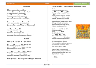 Página 39
Cesar Díaz Tiza VARIOS Cancionero - Alabanza
INVENCIBLE
Dm C Dm
Plenitud de gozo hay en tu presencia
Bb C Dm Bb, C
De alegre risa nuestra boca llenarás,
Dm C Dm
Nos alegramos admirando tu presencia
Bb C Dm
Ante tu trono hemos venido a celebrar (Bis)
F C Bb C
Hoy te celebramos Gran Cordero triunfador
F C Bb Gm A
Pues resucitaste y de la muerte te has hecho vencedor.
Bb C Dm
Invencible Cordero de Dios
Bb C Dm
Majestuoso, absoluto Señor (bis)
Gm Bb A
Nos llena de gozo celebrarte, Nuestro Dios (Bis)
ALABAD
Intro: // RE, LA, SOL, RE / DO, SOL //
RE LA SOL RE DO, SOL
Alabad al Señor porque El es bueno
RE LA SOL RE DO, SOL
Alabad al Señor que hizo los cielos.
Si m LA SOL9 SOL, LA
Porque para siempre su misericordia es
Si m LA SOL LA
Porque para siempre es su misericordia (Bis)
SUBE: ½ TONO - RE#. Luego sube a MI y por último a FA.
ESPIRITU SANTO Y FUEGO (Espíritu, santo y fuego – 1995)
La m
Tu Señor nos mandaste a orar
SOL Mim Lam7
Y a esperar la promesa del Padre
La m
Dijiste que eres necesario el poder
SOL Mi m Lam
Para ser testigos y hacer tú obra.
Necesitamos oh Dios el Espíritu Santo
El fuego divino de Pentecostés
Bautízanos hoy con poder de alto
Y danos valor para testificar.
Lam7 Rem7 Si dim MI7
Oh Señor llénanos
Lam7 Rem7
Oh Señor bautízanos
SIdim MI7 La m
Con Espíritu Santo y fuego
Rem7 Mi m La m
Y poder tendremos para testificar.
En este día estamos reunidos
Y el mismo deseo, todos compartimos
Queremos ser bautizados Señor
Con Espíritu Santo y fuego.
Espíritu Santo eres bienvenido
Tomo el control, rompe toda barrera
Bautízanos hoy con poder de lo alto
Espíritu Santo y fuego.
- CORO.
 