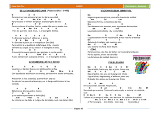 Página 42
Cesar Díaz Tiza VARIOS Cancionero - Alabanza
ES EL EVANGELIO DE AMOR (Poderoso Dios - 1995)
D A D A
Para destruir toda potestad y traer luz de la oscuridad
D A Bm F°m G A D
Para rescatar el hombre del pecar, es el evangelio de Dios
D A D A
Para proclamar al hombre libertad nueva vida que no puede mas
D A Bm F°m G A D
Para los que llora nació Jesús, es el evangelio de Dios.
G A D G A D
Y a Dios sea la gloria, Y a Dios sea la gloria,
G A Bm G A D
Y a Dios sea la gloria, es el evangelio de Dios (Bis)
Para redimir a su pueblo de toda lengua, tribu y nación
Derramo su sangre por su amor es el evangelio de Dios,
E B E B
El resucito la muerte venció, para gloria en la noche vendrá
E B C#m G°m A B E
Y para siempre con su esposa reinara, es el evangelio de Dios.
LEVANTEN UN CANTICO NUEVO
D C D C G D
Levanten un Cántico Nuevo, con júbilo exalten al Rey
C G D B m F# m G A
Con espadas de dos filos en sus manos, para derrotar a todo principado,
Proclamen al Dios poderoso, aclámenlo en alta voz
Su ejército has vencido al enemigo, por la Sangre del Cordero le han
vencido.
F G A
Esfuércense ahora vuestras manos
F G A
y con valentía proclamen al Señor (Bis)
B m F# m G D E m A
Su victoria nos ha dado, al maligno ha derrotado, nada nos dañará (Bis)
HAGAMOS GUERRA ESPIRITUAL
Em C
Hagamos guerra espiritual, contra las huestes de maldad
Am B7 E m
Estaremos firmes, en la victoria de Dios
E m C
Derribaremos con potestad, todo argumento de iniquidad
Am B7 E m
Levantado contra Cristo y Su verdad (Bis)
Em D C Am B m E m
La potestad del aire no nos vencerá, el Hijo nos dio la libertad
Em D C
Aplastará al maligno bajo nuestros pies,
Am C F# B7
y Su victoria nos hará, estar de pie.
- CORO.
Pertenecemos a las filas del Señor, no triunfará la tentación
Por Su espíritu, el nos hará triunfar
Las fortalezas de maldad, destruirá.
POR LA SANGRE
Em D C D Am C D B7
Diga el débil, fuerte soy, diga el justo, limpio soy
Em D C D C B7
Diga el pobre, rico soy, por la sangre de Cristo,
Diga el triste, alegre estoy, el enfermo, sano soy
El atado, libre estoy, por la sangre de Cristo.
G D Am D
En la cruz están, clavados mis pecados,
G D Am D E m Am B7
Derrotado ya no estoy, Cristo me ha entregado, la victoria y la razón de
vivir
C D Em C D Em C D Em Am B7
Y ahora sé, yo tengo el poder, para derrotar, las tinieblas de maldad.
Em D C D Em D C D Em D C D Em D C D Em
// Por la sangre, eres Cristo, Libre soy, he vencido //
 