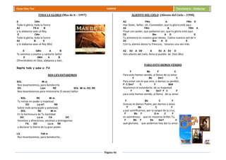 Página 46
Cesar Díaz Tiza VARIOS Cancionero - Alabanza
TODA LA GLORIA (Mas de ti – 1997)
E C#m
Toda la gloria, toda la honra
A2 F# m B
y la alabanza sean al Rey,
E C#m
Toda la gloria, toda la honra
A2 B E
y la alabanza sean al Rey (Bis)
E G#m A B
Te venimos a exaltar y cantarte Señor
E G#m A B
Ofreciéndote mi Dios, alabanza y loor,
Repite todo y sube a: FA
NOS LEVANTAREMOS
SOL Mi m
Nos levantaremos, para bendecirte
DO Lam RE SOL Mi m, DO, RE
Nos levantaremos para ministrarte (5 veces) Señor
SOL RE Mi m
Tu reinas en poder y majestad
DO La m7 RE
Sobre todo principado y potestad,
SOL RE Mi m
En la hermosura de Tu Santidad
DO La m FA DO
Venimos a ofrecernos, venimos a entregarnos
FA DO La m RE
a declarar la Gloria de tu gran poder.
LA Fa# m
Nos levantaremos, para bendecirte…
ALIENTO DEL CIELO (Aliento del Cielo – 1998)
A2 F#m A F#m E
Haz llover, Señor, oh, Consolador, que tu gloria esté aquí
A2 F#m A F#m A
Fluye con poder, que podamos ver, que tu gloria está aquí,
D2 Bm A D E
Tu presencia es nuestro gran deseo, Calma nuestra sed de ti
D2 Bm A D E
Con tu aliento danos tu frescura, tócanos una vez más.
A2 E4 A D9 A E4 A E4 D
Ven aliento del cielo, llena al pueblo de Dios (Bis)
PARA ESTO HEMOS VENIDO
F Bb F C
Para esto hemos venido, al Reino de su amor
F Bb Dm7 C
Para estar con el que vino, a darnos su perdón,
F C Dm7 C F Bb9
Alzaremos el estandarte, de su majestad
F Bb Gm7 F C F
para esto hemos venido, al Reino de su amor.
F Bb C F
Gracias te damos Padre, por darnos a Jesús
F Bb C F
y por santificarnos, por la sangre de la cruz,
F Bb F G m C F
es asombroso, que en nosotros brilles Tú,
F Bb F Eb Gm7 C
qué glorioso, que podemos hoy dar tu amor.
 