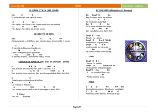 Página 49
Cesar Díaz Tiza VARIOS Cancionero - Alabanza
EL SEÑOR ESTA EN ESTE LUGAR
E m C D
El Señor esta en este lugar (4 veces)
C D Em
Para Sanar, Para librar, Para romper toda obra de maldad
C D Em
Para Sanar, Para librar mi alma (4 veces)
EL EJÉRCITO DE DIOS
E m C D Em
Porque grande es el Señor y para siempre es su misericordia (4 veces)
C D
El ejercito de Dios marchando esta
C9 D
Contra todo principado y potestad
C2 Lam7 D Em
el ejercito de Dios, marchando esta (2 veces)
ES HORA DE ADORARLE (Es hora de adorarle – 2000)
E A E B F#m7 A
Ven, es hora de adorarle, Ven, abre tu corazón a él
E A E B F#m7 A E
Ven, ante su trono estamos, Ven, ante la majestad de Dios, Ven (Bis)
A E
Toda lengua confesará que él es Dios
A E
Las rodillas se doblarán
A C#m A B
Y un tesoro eterno tendrás en él, si escoges su amor (Bis)
E Esus4
Eres rey, Eres rey.......
REY DE REYES (Alejandro del Bosque)
Em Cmaj7 D Em
Rey de reyes, señor de señores
C G D
Tú reinas con autoridad
Em C D Em
En la tierra establece tu reino
C6 Am7 B7
Con espada tu juicio darás (Bis)
Cmaj7 D E m
Revela tu gloria
Cmaj7 D E m (E F# G B)
Y manifiesta tu gran poder
Cmaj7 D E m
Los tronos de las naciones
Am B7
Te confiesan hoy como su rey.
- CORO.
Cmaj7 D E m
Somos tu pueblo
Cmaj7 D E m (E F# G B)
Destruyendo todo principado
Cmaj7 D E m Am
Y tus amados libres son
B7
Por tu nombre Jesús.
- CORO.
C D G Am B 7 Em
Admirable consejero, Dios fuerte consolador
C D G F# m7 B7
Poderoso padre eterno, Príncipe de paz.
 