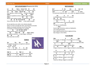 Página 5
Cesar Díaz Tiza VARIOS Cancionero - Alabanza
HOY LEVANTAMOS (Proyecto AA-1991)
LA MI Fa# m Fa# m/7 RE SI MI
Hoy levantamos tu nombre señor en alabanza y honor
LA MI Fa# m Fa# m/7 RE SI MI
Con regocijo y nueva canción, rendimos adoración
Fa# m RE MI Fa# m
Solo en ti podemos vencer, cordero santo de Dios
Fa# m RE MI Fa# m
Reino, honra, gloria y poder, te pertenece mi rey
MI LA MI Fa # m MI RE MI LA
Eres el único ser, que digno es de recibir el poder.
De los ejércitos eres señor, eres Jehová salvador
Diste a tu hijo en prueba de amor, para hacerme vencedor
Nadie se te puede enfrentar eres el único Dios
Coronado en majestad habitas en santidad
MI LA MI Fa# m MI RE
Toda creación ante ti, se humillará
MI Fa# m RE MI Do# m Fa# m
Su rodilla se postrara y toda lengua confesará
RE MI LA
Que Jesucristo es señor.
YESHUA
Am Em Am Em
En espíritu te cantare, en espíritu te adorare
G Am G Am
Yeshua, yeshua,
F G Am F G Am
tu eres mi salvador, tu eres mi redentor.
FMj7 G D FMj7 G Am
El señor te ha exaltado, a su diestra para siempre
FMj7 G D FMj7 G Am
El señor te ha levantado, como príncipe salvador.
RESTAURARAS
Em7 D Em Am D Em C, B
Restaurarás el santo lugar y pondrás allí tu habitación.
Em7 D Em Am7 D Em7
Te mostrarás Poderoso Dios, en tu amor me regocijo hoy (Bis)
Am D G Em
Lo dilatado de tu imperio y tu santa paz
Am B Em
los confines abarcarán,
Am D G Em
Y la creación entera nunca jamás gemirá,
F#7 B
Tus hijos se manifestarán.
- Coro.
Somos lugar santísimo, somos tu habitación,
Una nueva generación.
Que tu gloria postrera llene la iglesia de hoy,
Que venga tu reino Señor.
EL ES MI REY
G#m E F# G#m
El es mi Rey, mi Salvador, El es Señor de mi corazón
G#m E F# G#m
El es Jesús, mi Redentor, el es Cordero de mi Salvación (Bis)
E F# G#m
Y reina eternamente y para siempre (Bis)
E F# G#m E F# G#m
Venga a nosotros tu reino, hágase siempre tu voluntad (Bis)
B F# D A
Jesucristo tuyo es el reino, para ti la gloria
B F# D A
Jesucristo tuyo el poder, para ti la honra,
B D A E
Hosanna, Aleluya, venga tu reino Señor
B D A E
Hosanna, Aleluya, hágase tu voluntad.
 