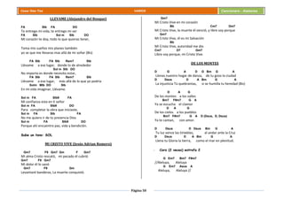 Página 50
Cesar Díaz Tiza VARIOS Cancionero - Alabanza
LLEVAME (Alejandro del Bosque)
FA SIb FA DO
Te entrego mi vida, te entrego mi ser
FA SIb Sol m SIb DO
Mi corazón te doy, todo lo que quieras tener,
Toma mis sueños mis planes también
yo se que me llevaras mas allá de mi soñar (Bis)
FA SIb FA SIb Rem7 SIb
Llévame a ese lugar, donde lo de alrededor
Sol m SIb DO
No importa es donde necesito estar,
FA SIb FA SIb Rem7 SIb
Llévame a ese lugar, más allá de lo que yo podría
Solm MIb DO SIb
En mi vida imaginar, Llévame.
Sol m FA SIb9 FA
Mi confianza esta en ti señor
Sol m FA SIb9 DO
Para completar la obra que iniciaste,
Sol m FA SIb FA
No me quiero ir de tu presencia Dios
Sol m FA SIb9 DO
Porque ahí encuentro paz, vida y bendición.
Sube un tono: SOL
MI CRISTO VIVE (Jesús Adrian Romero)
Gm7 F9 Gm7 Gm F Gm7
Mi alma Cristo rescató, mi pecado él cubrió
Gm7 F9 Gm7
Mi dolor él lo sanó
Gm7 F9 Gm
Levantaré banderas, La muerte conquistó.
Gm7
Mi Cristo Vive en mi corazón
Bb Cm7 Dm7
Mi Cristo Vive, la muerte él venció, y libre soy porque
Gm7
Mi Cristo Vive, él es mi Salvación
Bb
Mi Cristo Vive, autoridad me dio
Cm7 D7 Gm7
Libre soy porque, mi Cristo Vive.
DE LOS MONTES
D G A D G Bm G A
Llenas nuestro hogar de danza, de tu gozo la ciudad
D Dsus D A Bm G A
La injusticia Tú quebrantas, si se humilla tu heredad (Bis)
D A G
De los montes a los valles
Bm7 F#m7 G A
Ya se escucha el clamor
D A G
De los cielos a los pueblos
Bm7 F#m7 G A D (Dsus, D, Dsus)
Ya te cantan, con amor.
D Dsus D Dsus Bm G A
Tu luz vence las tinieblas, al andar ante la Cruz
D Dsus D A Bm G A
Llena tu Gloria la tierra, como el mar en plenitud.
- Coro (2 veces) estrofa 2
G Em7 Bm7 F#m7
//Aleluya, Aleluya
G Em7 Asus A
Aleluya, Aleluya //
 