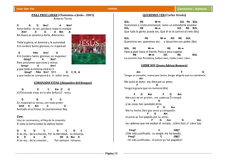 Página 51
Cesar Díaz Tiza VARIOS Cancionero - Alabanza
PARA PROCLAMAR (Clamemos a Jesús - 2001)
Roberto Torres
D A D Bm7 A Bm7
Aviva Señor mi ser, perdona toda mi maldad
Em7 D G A Bm A
Mi deseo es amarte y darte, Adoración,
Toda la gloria, el dominio y la autoridad
A ti cordero Santo glorioso, En majestad.
G F#m Em7 A
A ti Cordero Santo glorioso, en majestad
Gmaj7 A Bm7
Para proclamar que vives y reinas
Gmaj7 A Bm7
y que toda la victoria está en ti
Gmaj7 F#m Em7 C11 D C, B, A
y que nadie se comparará a ti señor Jesús.
CORONADO ESTAS (Alejandro del Bosque)
G D C Em D G
///Coronado estas en lo alto Señor/// Jesús.
D G D G
En majestad tú reinas, con todo poder
Dm6 E Am C D
Sentado en el trono, te proclamamos Rey.
Coro.
Hoy te coronamos, el Rey de la creación
El cielo la tierra todos te damos honor.
G C G C G C G C
El es rey… de la creación, Por la eternidad… tu reinaras,
A D A D D9 A Bm E
El es rey… de la creación… Por siempre reinaras.
QUEREMOS VER (Carlos Arzola)
SOL RE Mi m DO RE SOL
Queremos a Cristo proclamad, como un estandarte levantar
SOL RE Mi m DO RE SOL
Que toda la gente pueda ver, Que él es el camino al cielo (Bis)
SOL RE Mi m DO RE SOL
Queremos ver, queremos ver, a Jesucristo con poder (Bis)
SOL RE Mi m RE Mi m
Pasó a paso hacia el frente, Poco a poco a ganar
RE Mi m DO RE SOL
La oración mas fortaleza, todas caen, todas caen, caen…
LIBRE SOY (Jesús Adrian Romero)
Am F G
Tengo un corazón, nuevo por Jesús, tengo alegría que no cambiaría
Am
Me quitó el dolor, soy libre por su amor,
F G
Tengo la gracia que no merecía (Bis)
F G Am F G Am
Me sacó de mi prisión, mis cadenas Él rompió
F G
y las cosas han quedado atrás.
F G Am
Me ha hecho libre por amor y compasión
F G Am
el juicio ya fue pagado por su amor,
F G Am G Am
las cadenas que me ataban él rompió, ¡Libre Soy! // Libre Soy.
Fmaj7 C GMj7
//He sido justificado, su sangre me ha lavado,
Fmaj7 C GMj7
He sido justificado, el precio ya fue pagado//
 